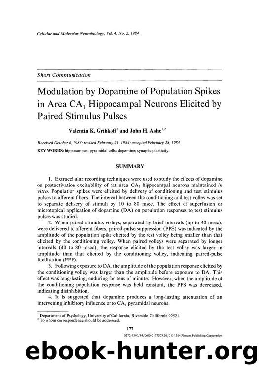 Modulation by dopamine of population spikes in area CA <Subscript>1 <Subscript> hippocampal neurons elicited by paired stimulus pulses by Unknown
