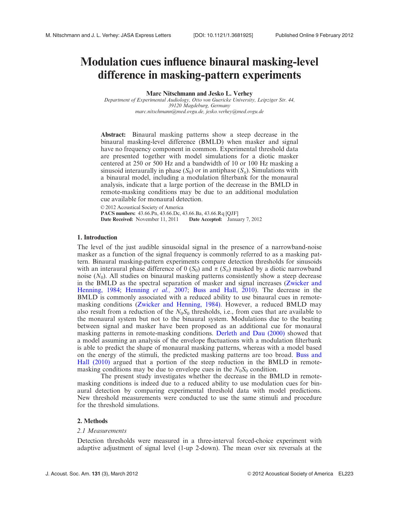 Modulation cues influence binaural masking-level difference in masking-pattern experiments by Marc Nitschmann and Jesko L. Verhey