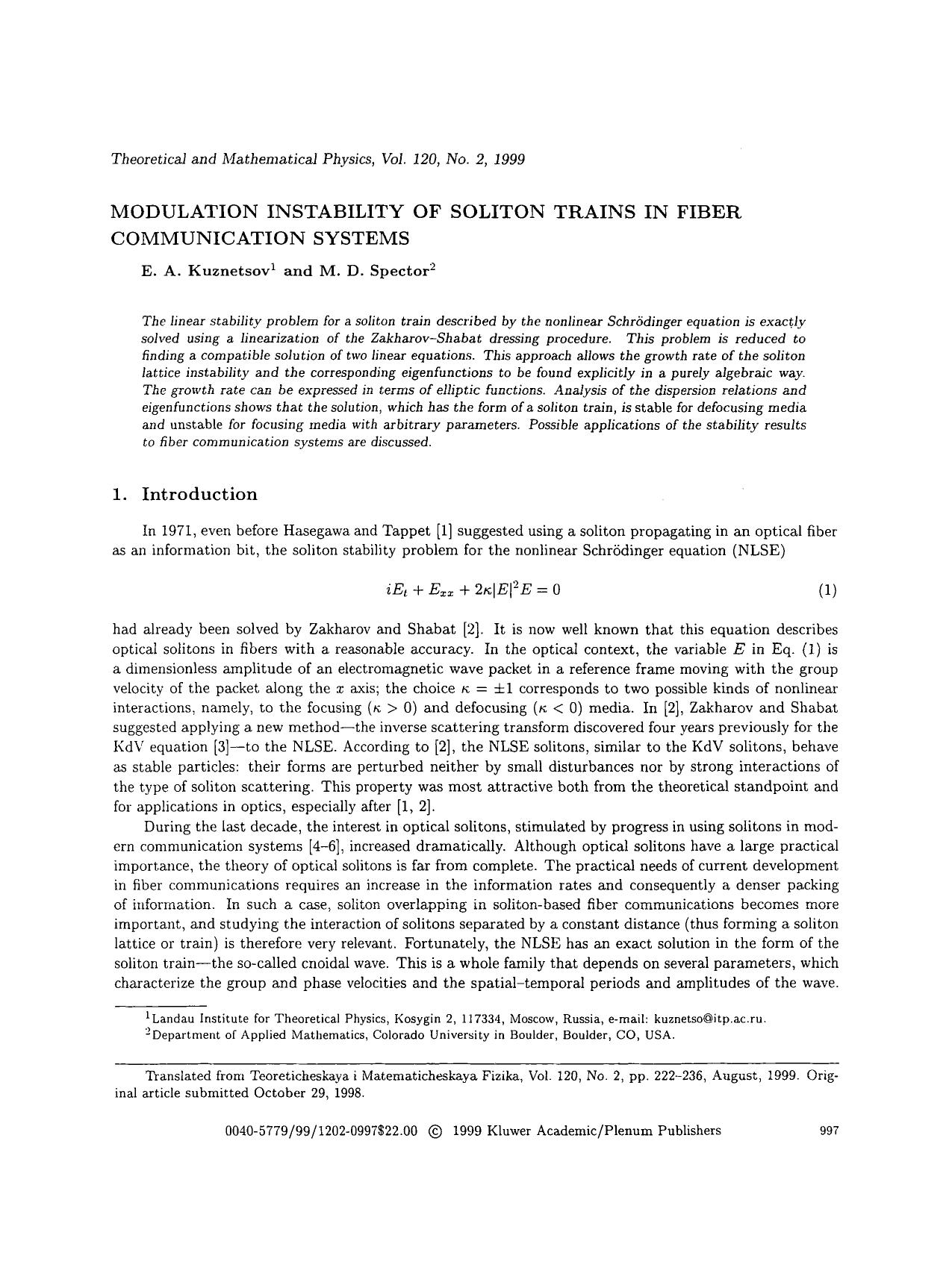 Modulation instability of soliton trains in fiber communication systems by Unknown