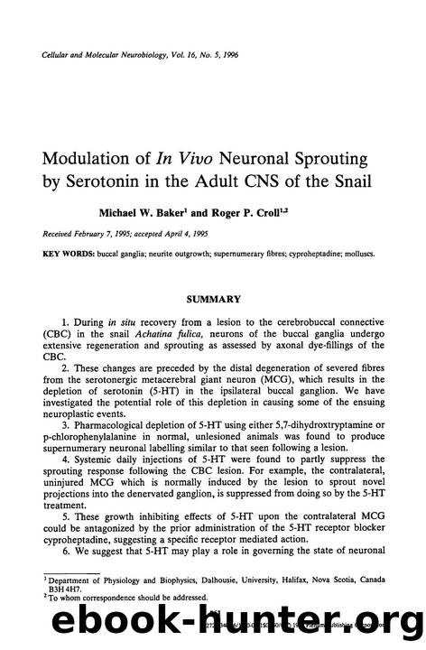 Modulation of <Emphasis Type="Italic">in vivo <Emphasis> neuronal sprouting by serotonin in the adult CNS of the snail by Unknown