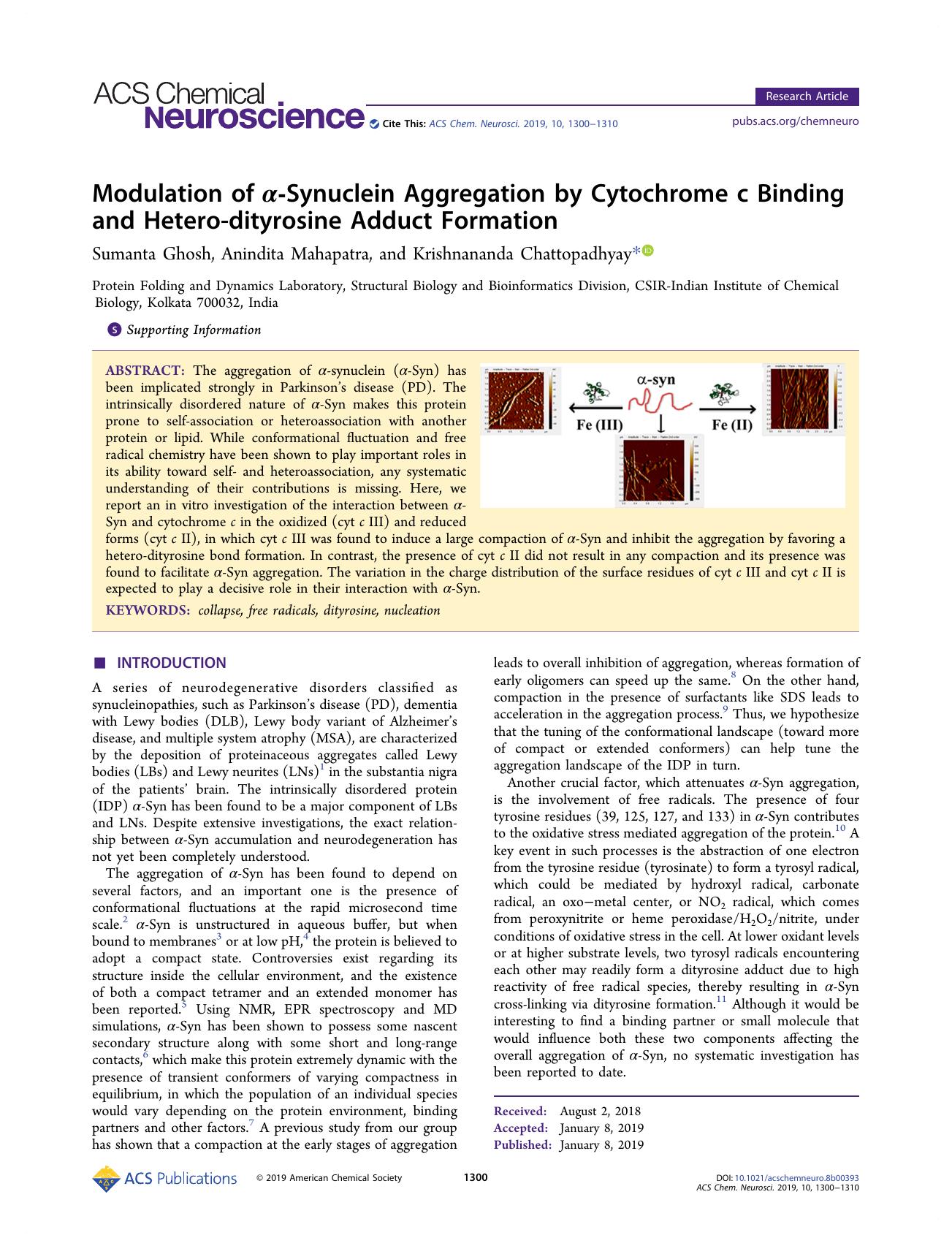 Modulation of Î±-Synuclein Aggregation by Cytochrome c Binding and Hetero-dityrosine Adduct Formation by Sumanta Ghosh Anindita Mahapatra and Krishnananda Chattopadhyay
