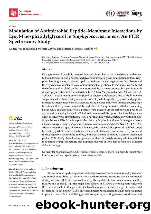 Modulation of Antimicrobial PeptideâMembrane Interactions by Lysyl-Phosphatidylglycerol in Staphylococcus aureus: An FTIR Spectroscopy Study by Andrea Vásquez Sofía Echeverri-Gaviria & Marcela Manrique-Moreno