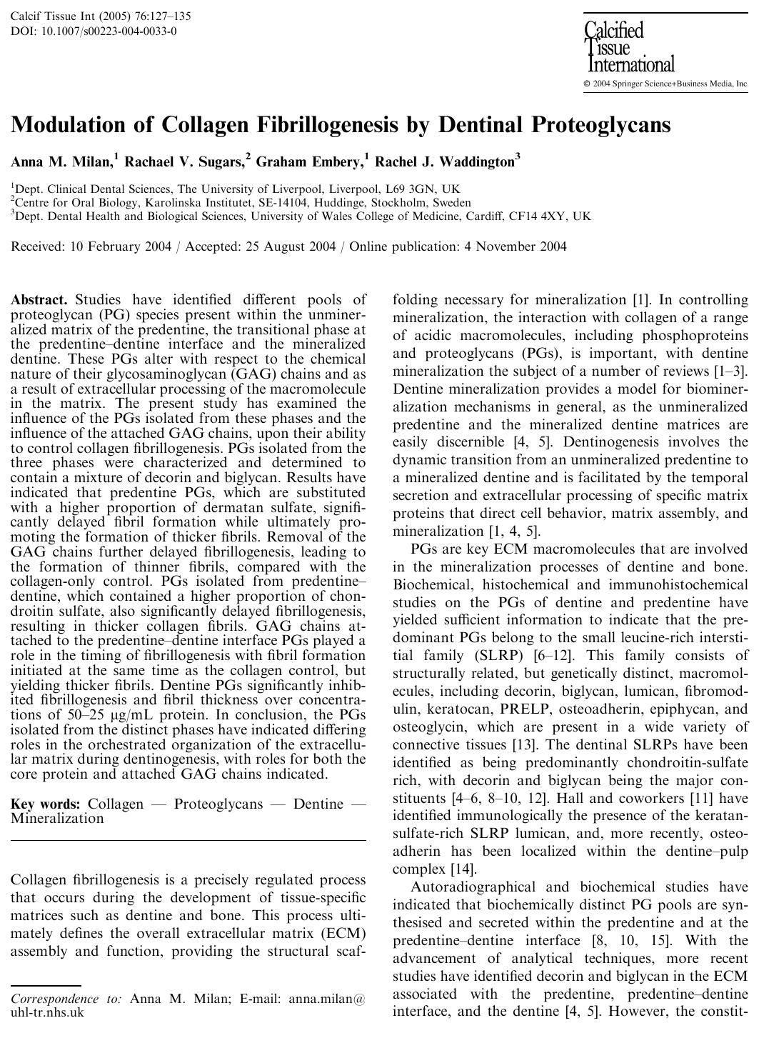 Modulation of Collagen Fibrillogenesis by Dentinal Proteoglycans by Milan A.M. et al