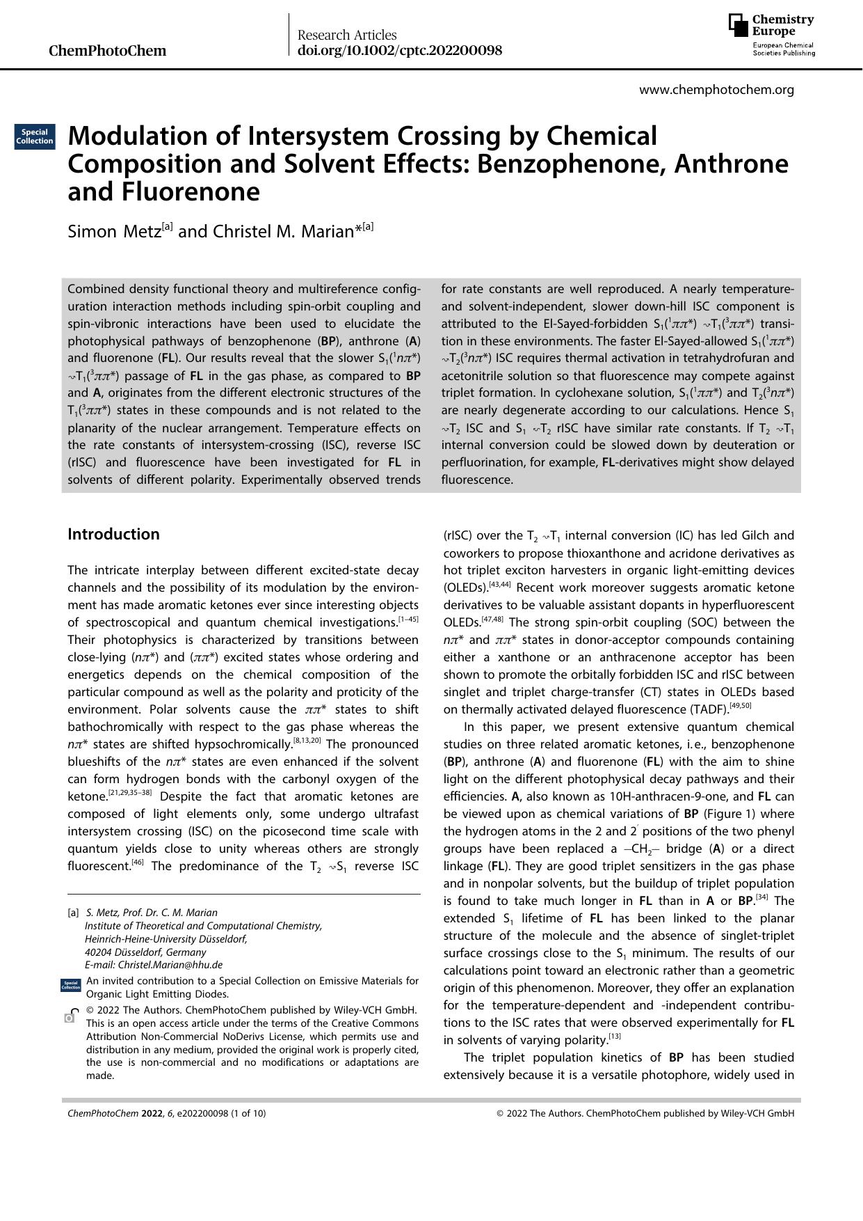 Modulation of Intersystem Crossing by Chemical Composition and Solvent Effects: Benzophenone, Anthrone and Fluorenone by Unknown