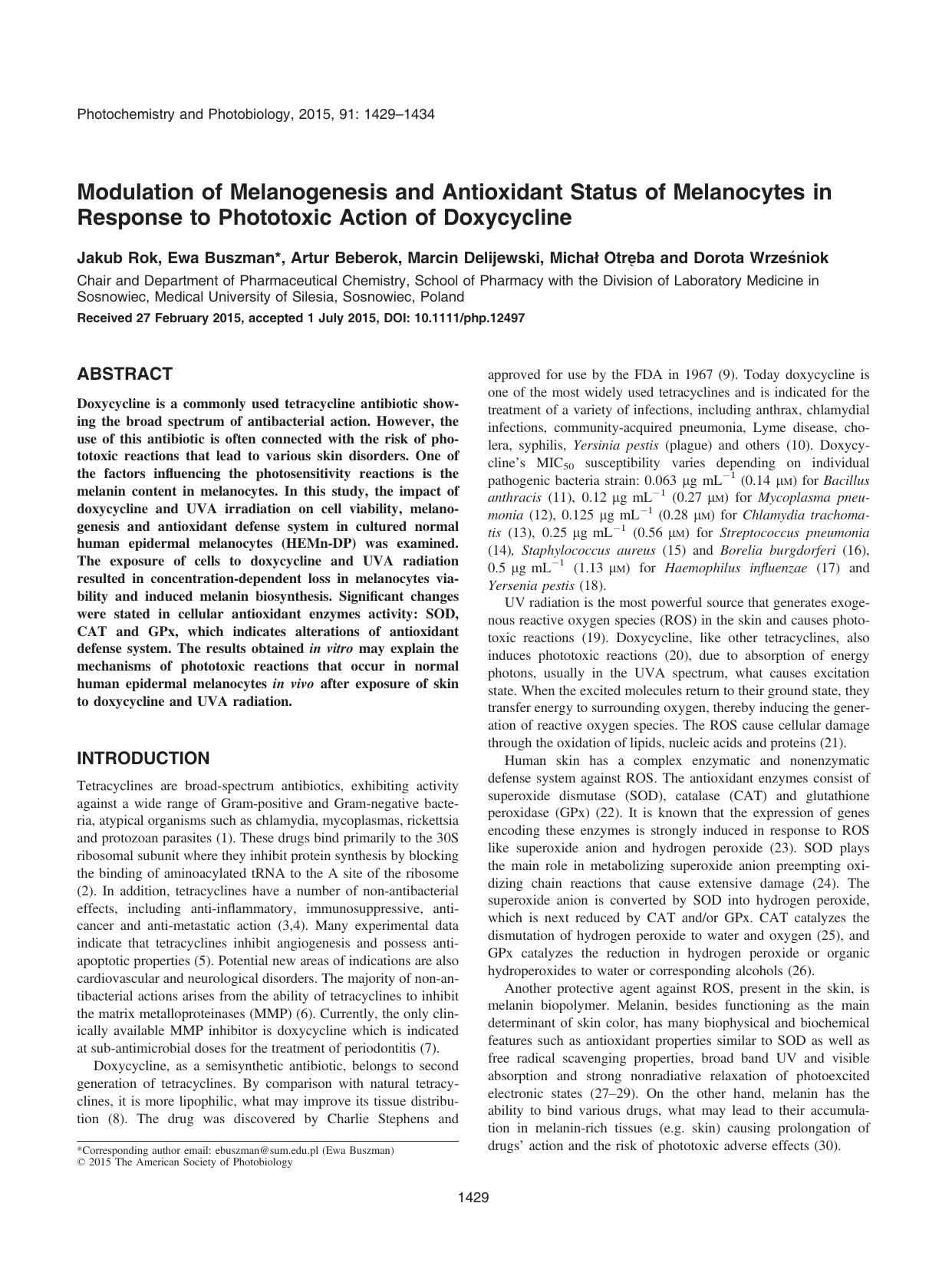 Modulation of Melanogenesis and Antioxidant Status of Melanocytes in Response to Phototoxic Action of Doxycycline by Unknown