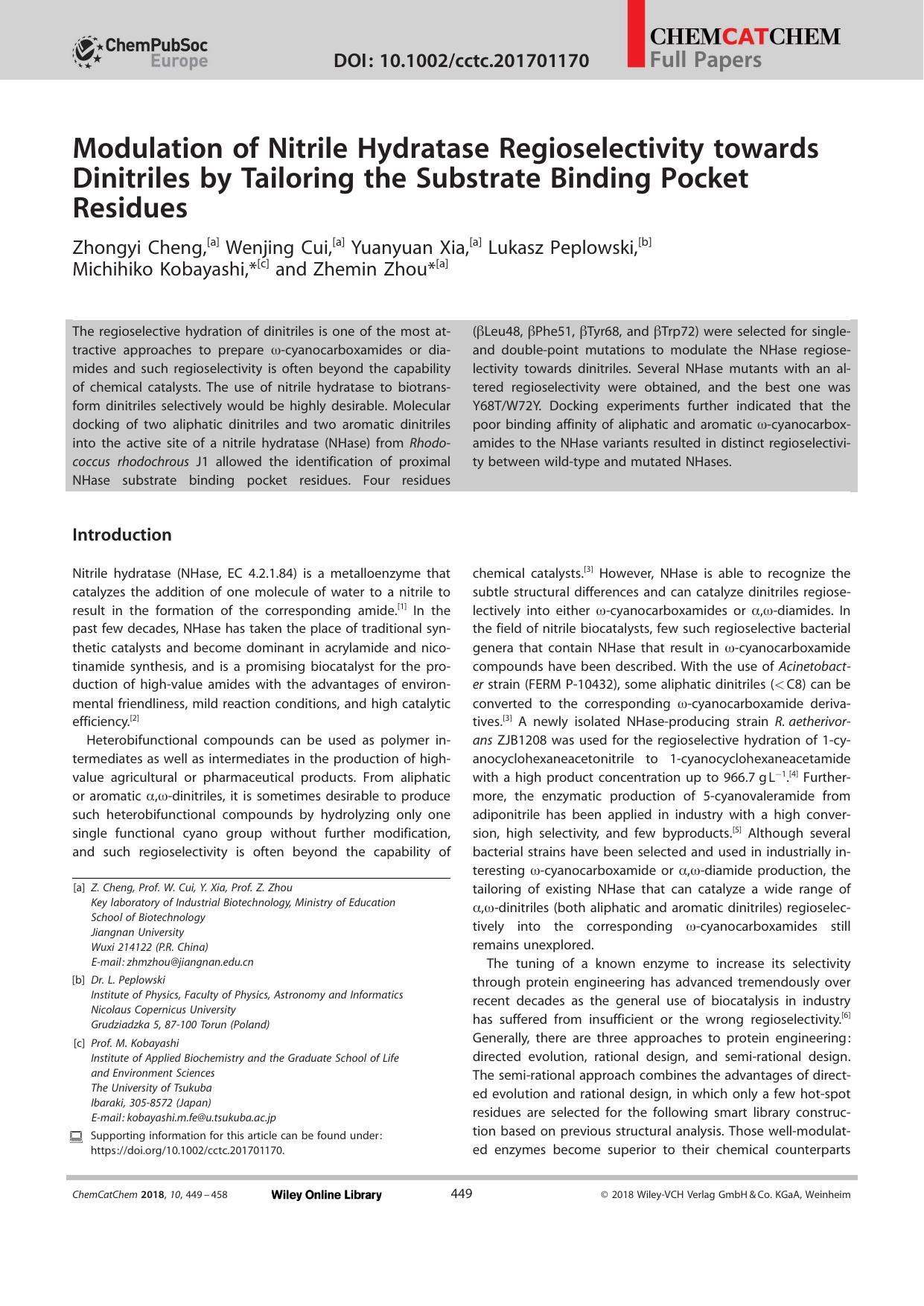 Modulation of Nitrile Hydratase Regioselectivity towards Dinitriles by Tailoring the Substrate Binding Pocket Residues by Unknown