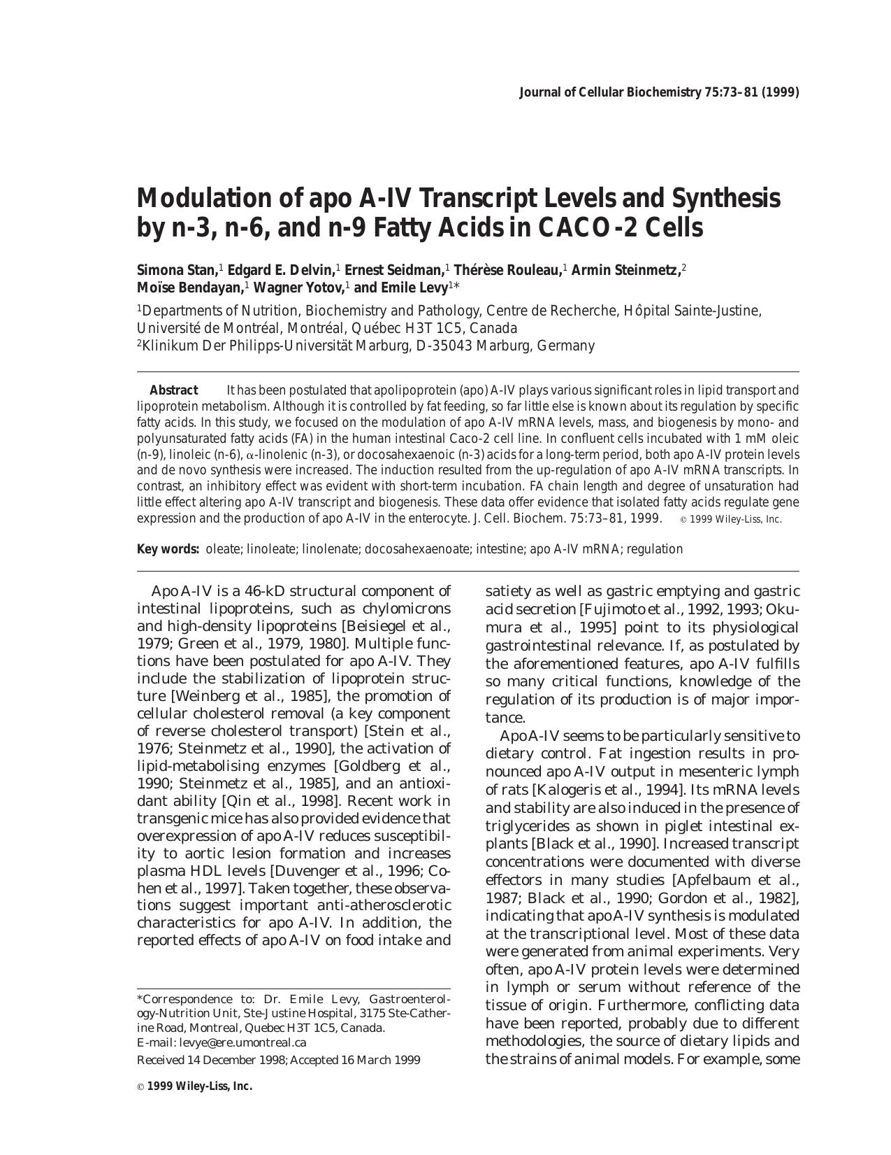Modulation of apo A-IV transcript levels and synthesis by n-3, n-6, and n-9 fatty acids in CACO-2 cells by Unknown