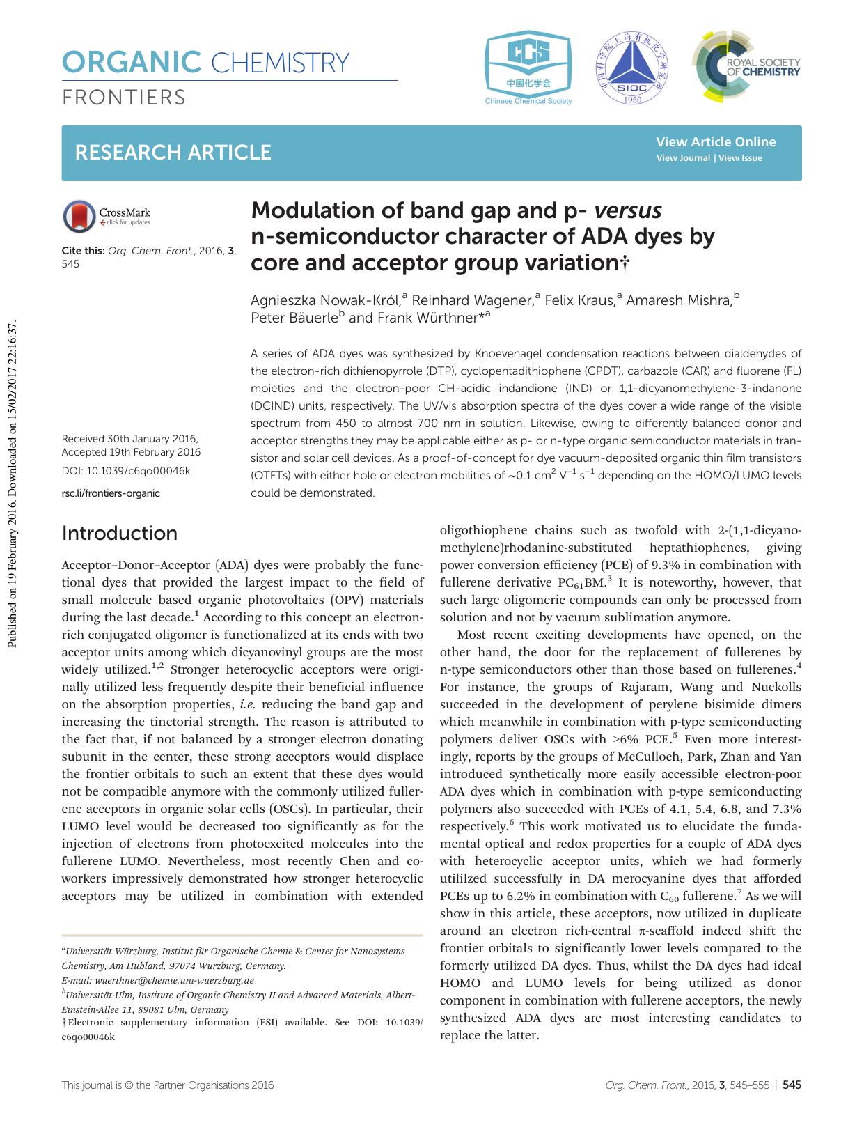 Modulation of band gap and p- versus n-semiconductor character of ADA dyes by core and acceptor group variation by unknow