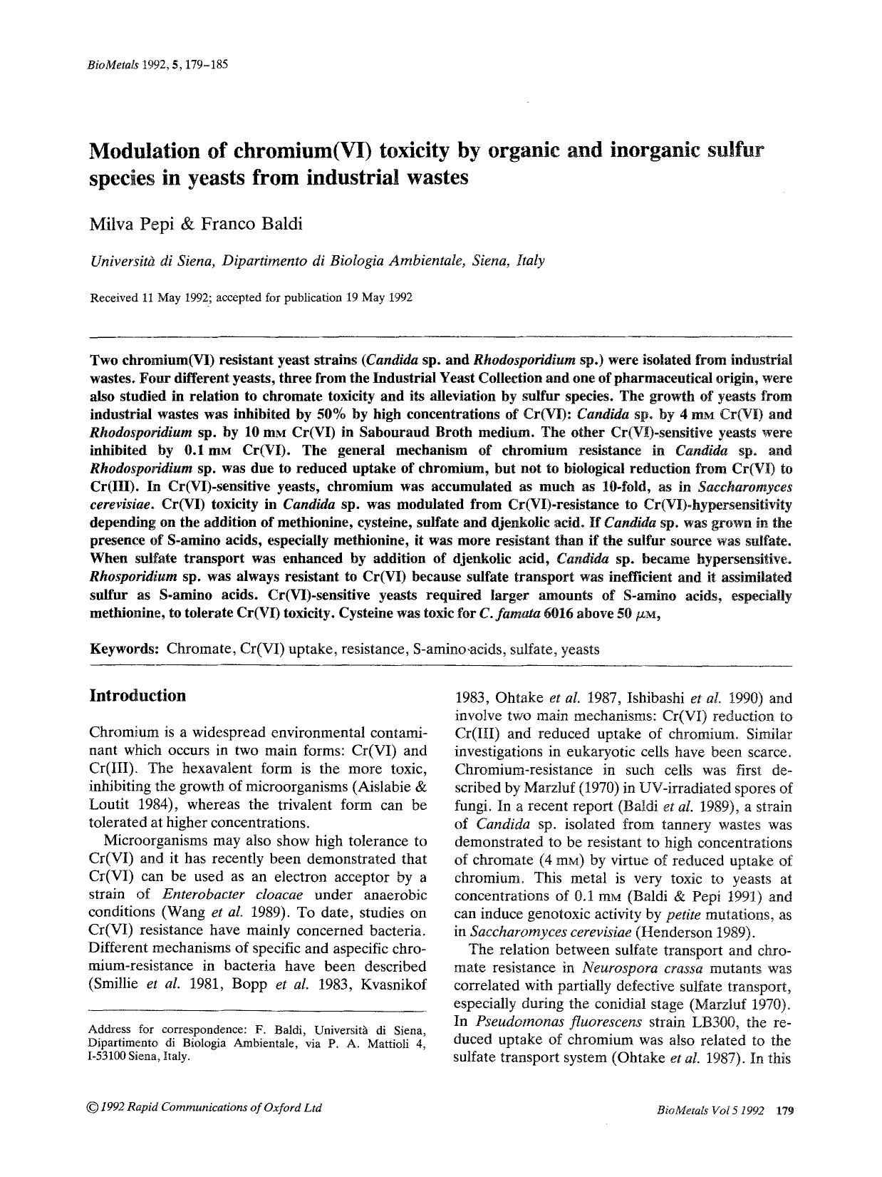 Modulation of chromium(VI) toxicity by organic and inorganic sulfur species in yeasts from industrial wastes by Unknown