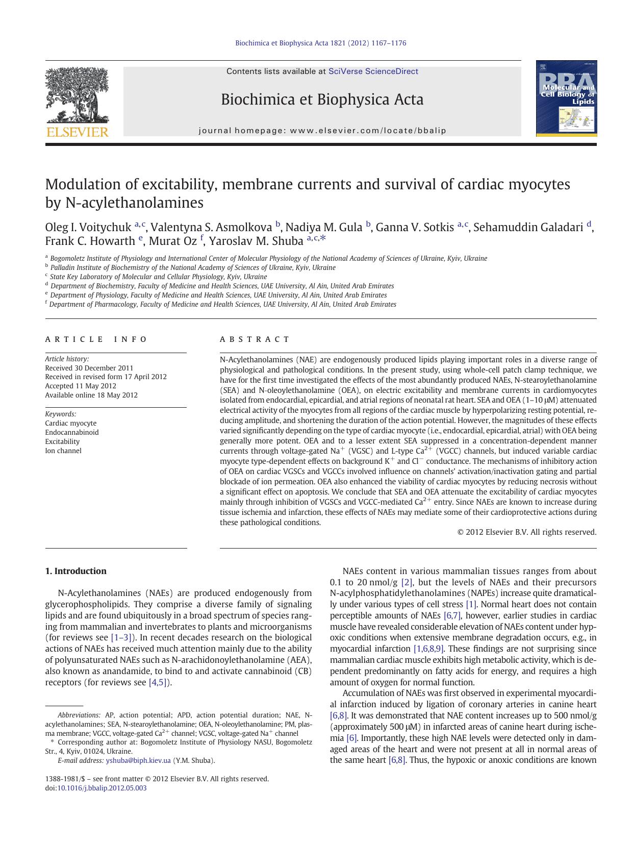 Modulation of excitability, membrane currents and survival of cardiac myocytes by N-acylethanolamines by unknow