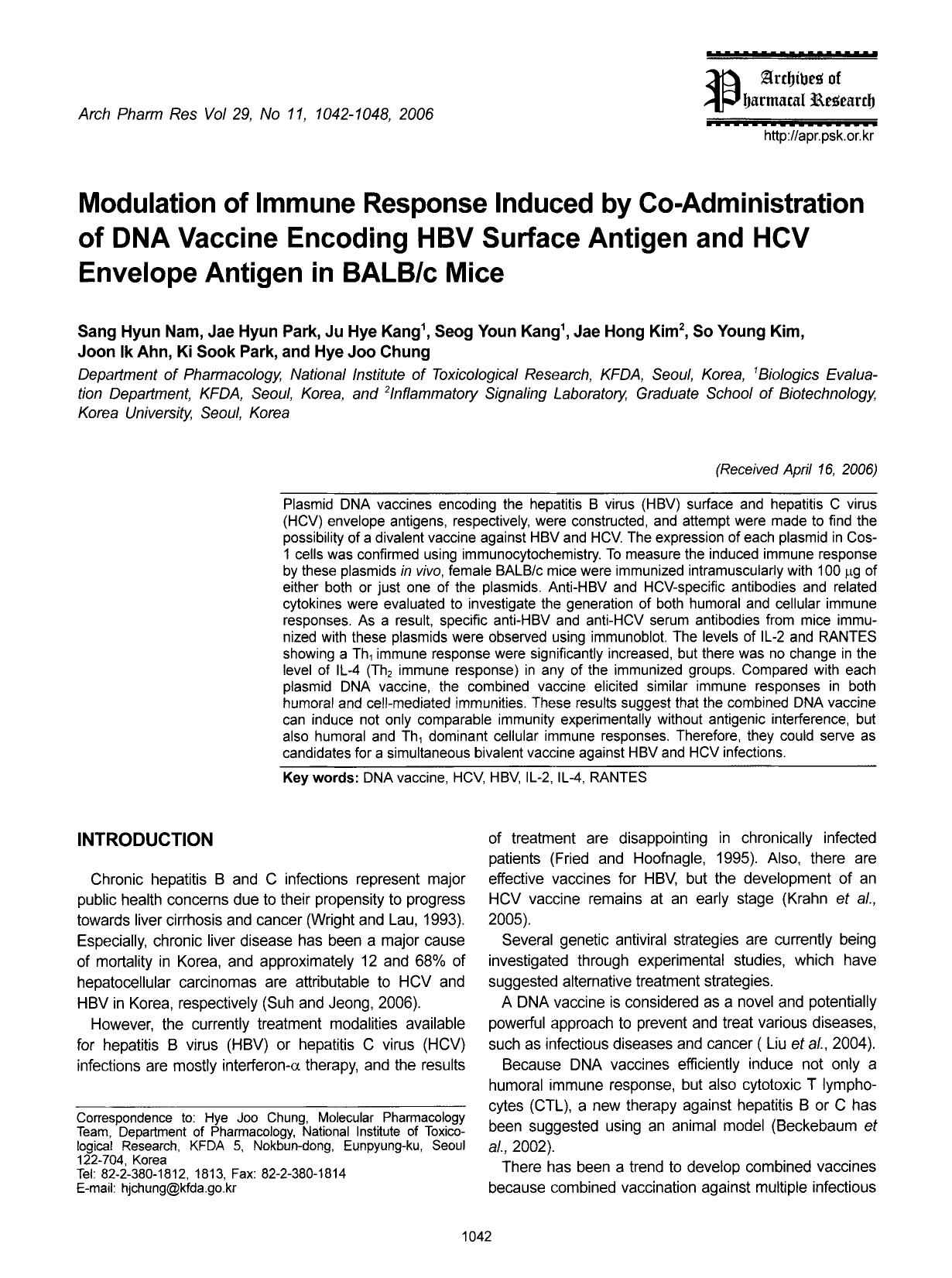 Modulation of immune response induced by co-administration of DNA vaccine encoding HBV surface antigen and HCV envelope antigen in BALBc mice by Unknown