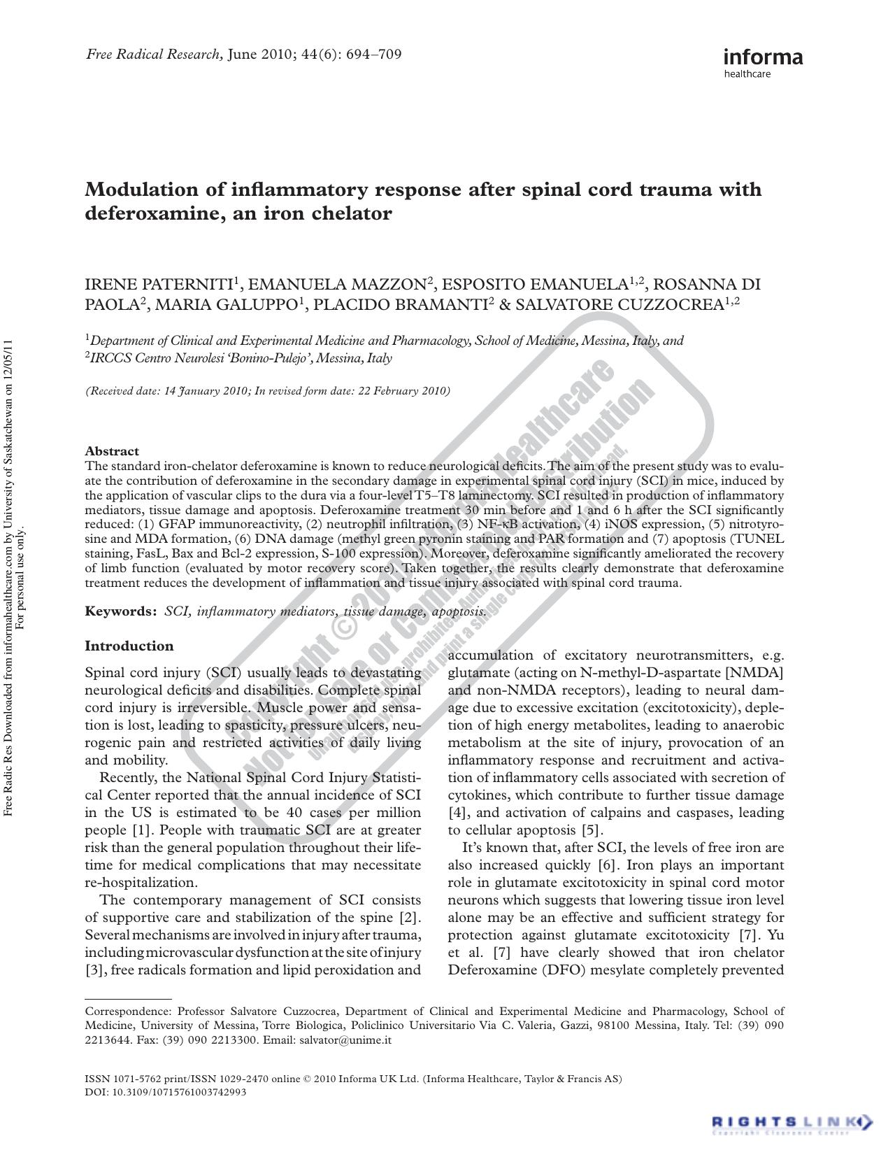 Modulation of inflammatory response after spinal cord trauma with deferoxamine, an iron chelator by unknow