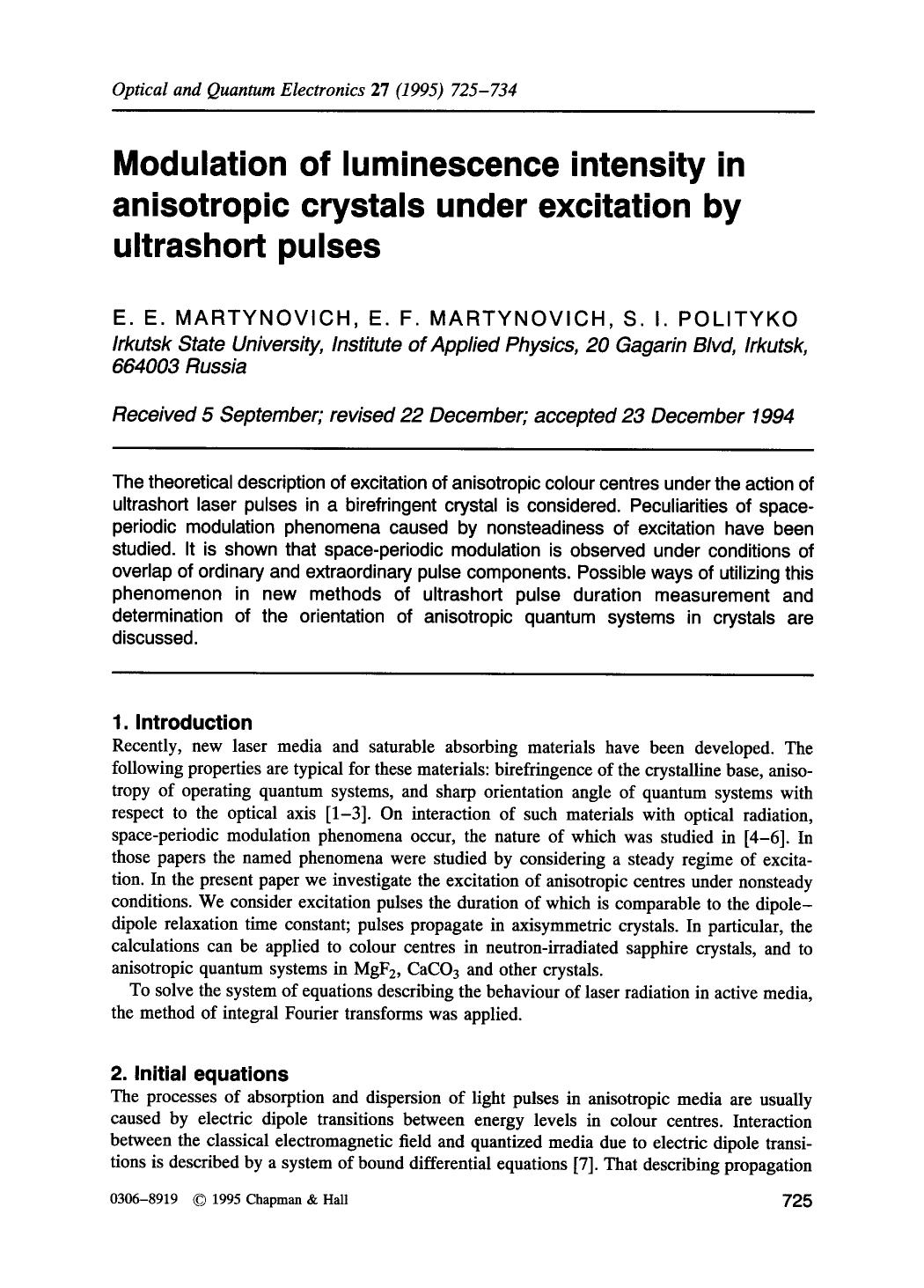 Modulation of luminescence intensity in anisotropic crystals under excitation by ultrashort pulses by Unknown
