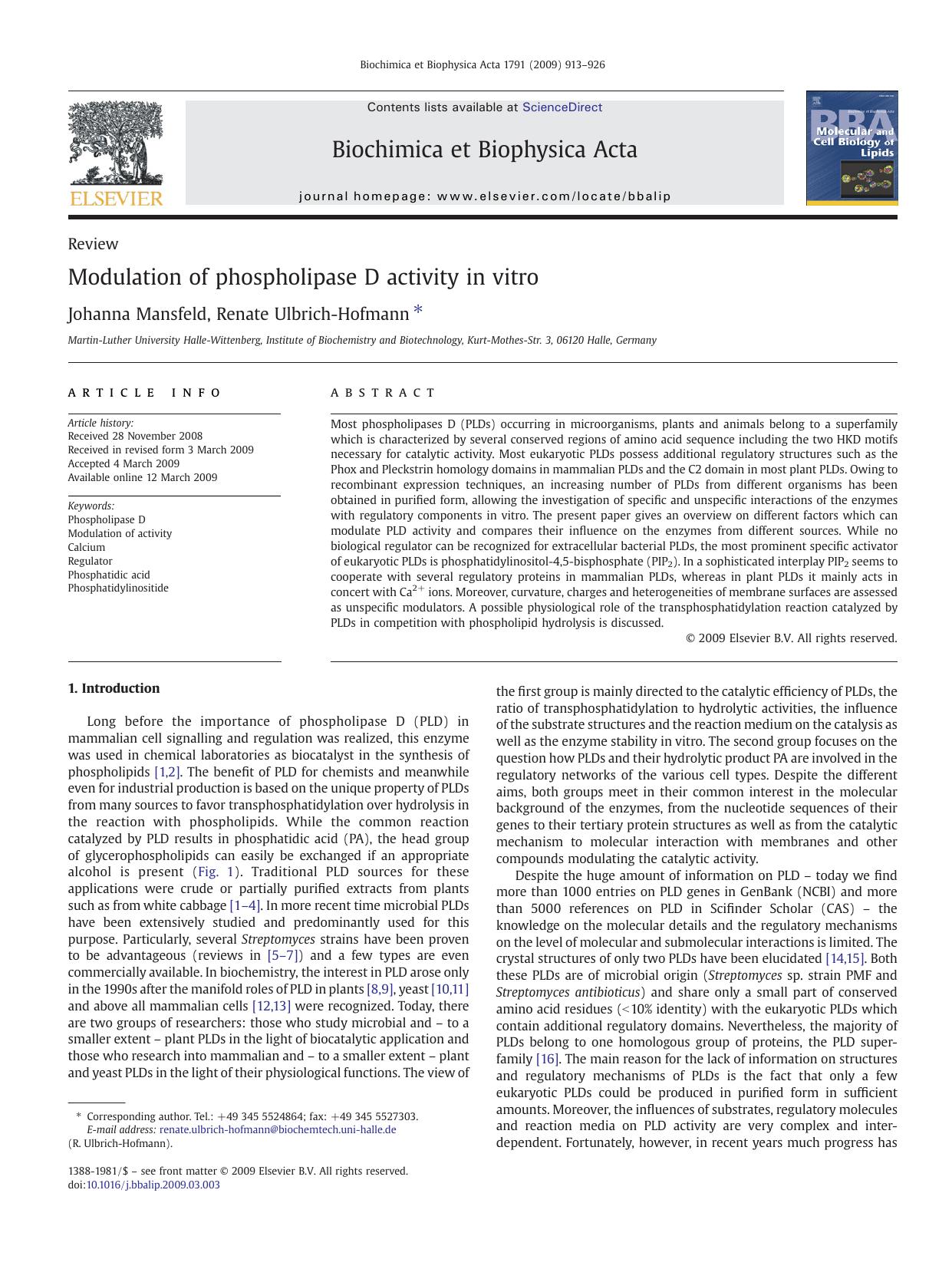 Modulation of phospholipase D activity in vitro by Johanna Mansfeld; Renate Ulbrich-Hofmann