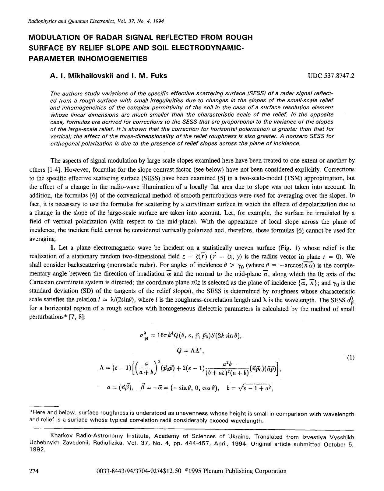 Modulation of radar signal reflected from rough surface by relief slope and soil electrodynamic-parameter inhomogeneities by Unknown