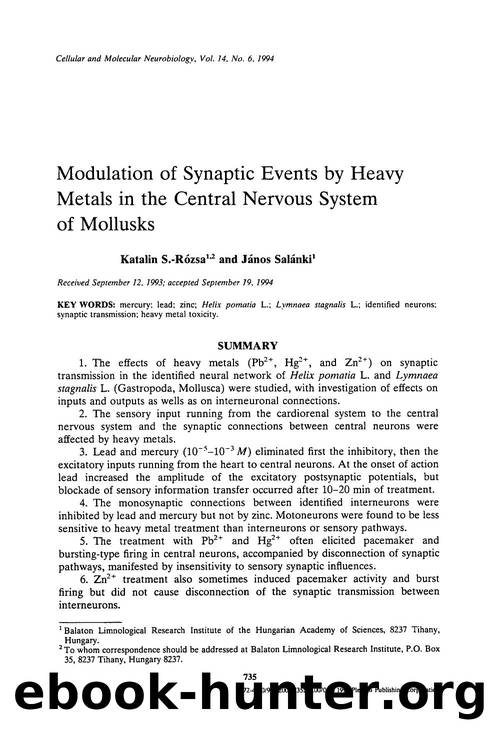 Modulation of synaptic events by heavy metals in the central nervous system of mollusks by Unknown