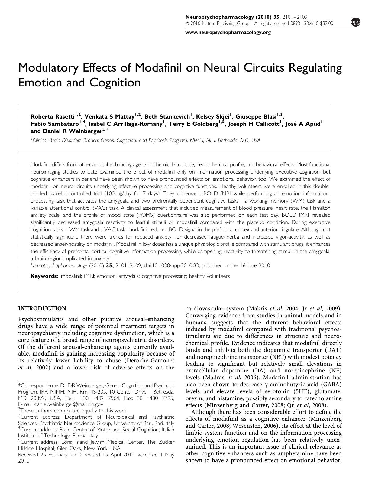 Modulatory Effects of Modafinil on Neural Circuits Regulating Emotion and Cognition by unknow