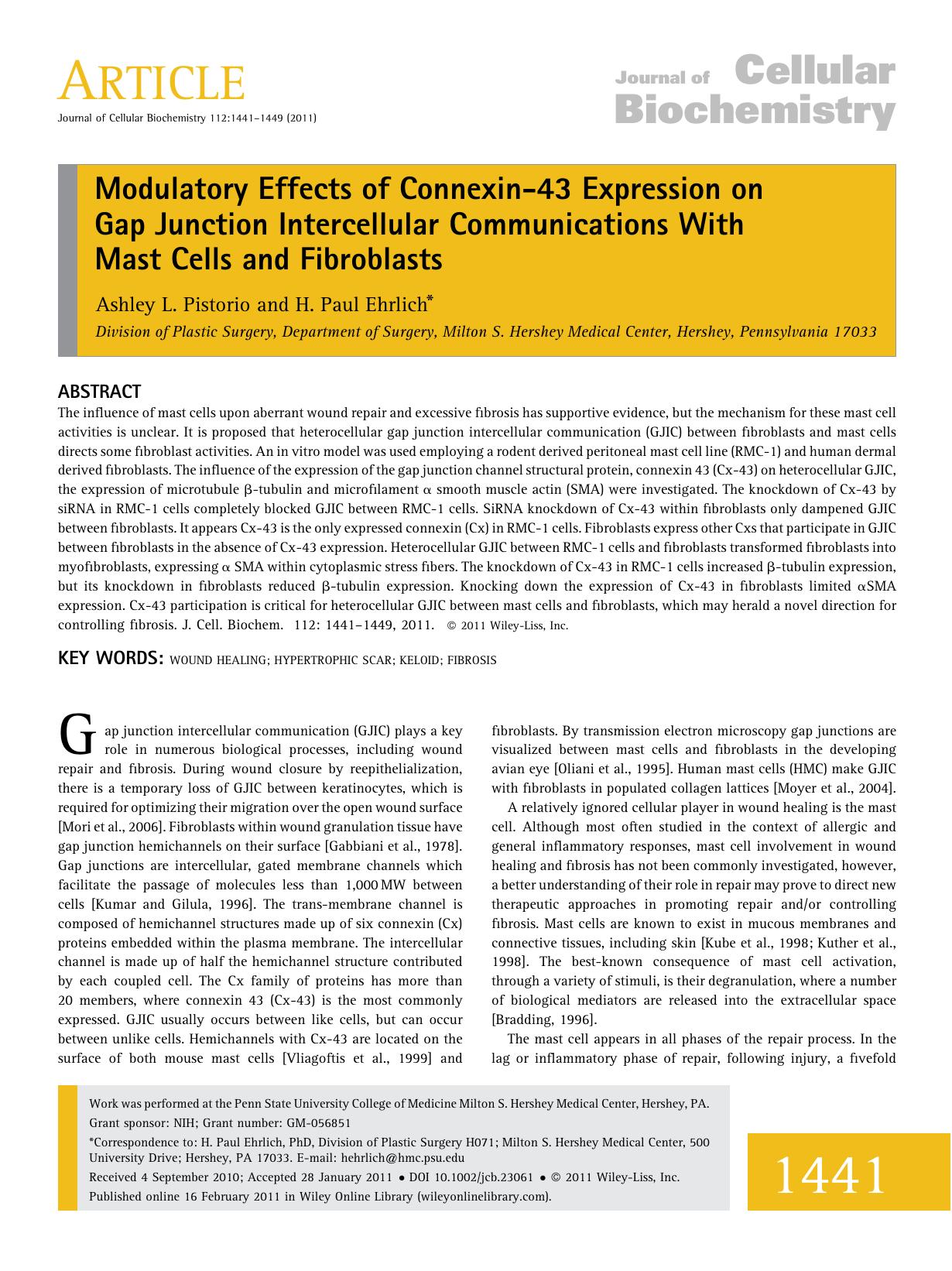 Modulatory effects of connexin43 expression on gap junction intercellular communications with mast cells and fibroblasts by Unknown