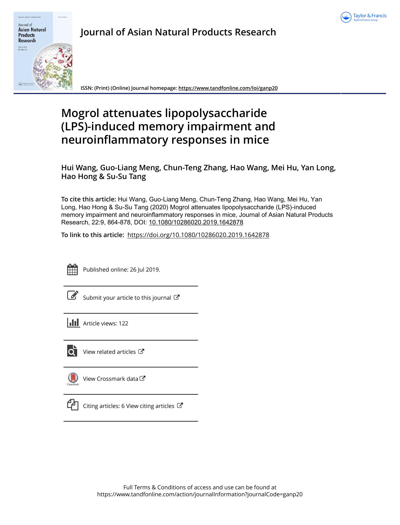Mogrol attenuates lipopolysaccharide (LPS)-induced memory impairment and neuroinflammatory responses in mice by Wang Hui & Meng Guo-Liang & Zhang Chun-Teng & Wang Hao & Hu Mei & Long Yan & Hong Hao & Tang Su-Su