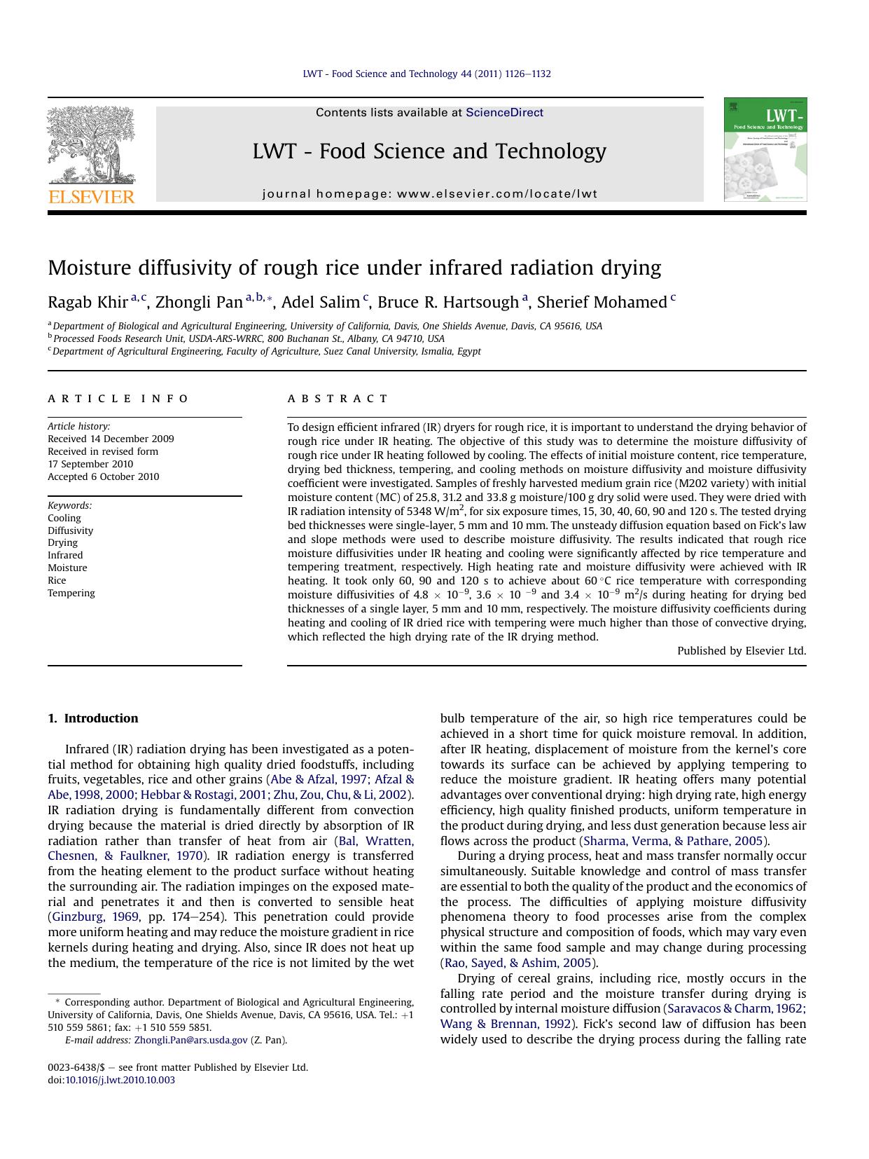 Moisture diffusivity of rough rice under infrared radiation drying by Ragab Khir & Zhongli Pan & Adel Salim & Bruce R. Hartsough & Sherief Mohamed