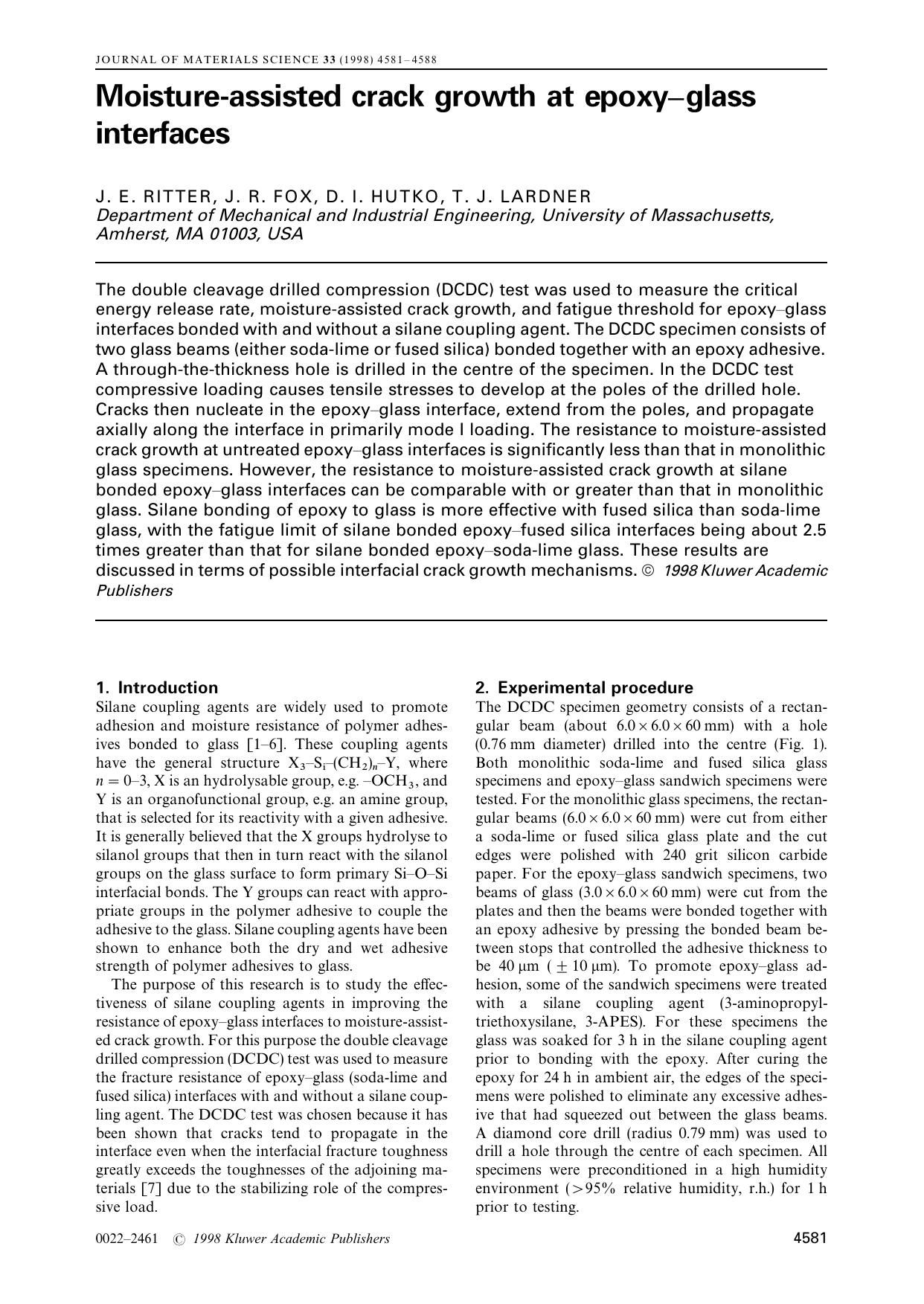 Moisture-assisted crack growth at epoxy-glass interfaces by Unknown