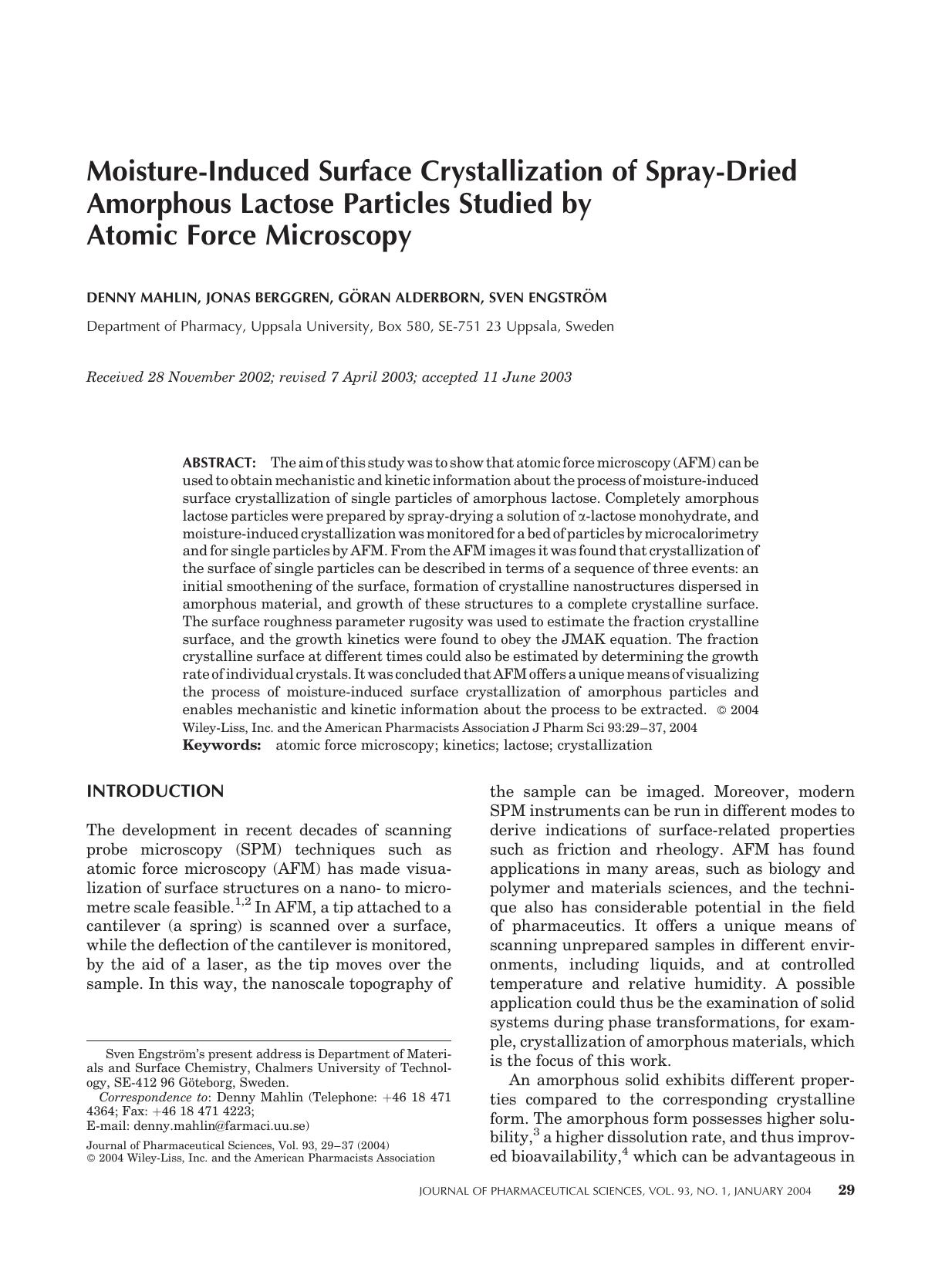 Moisture-induced surface crystallization of spray-dried amorphous lactose particles studied by atomic force microscopy by Unknown