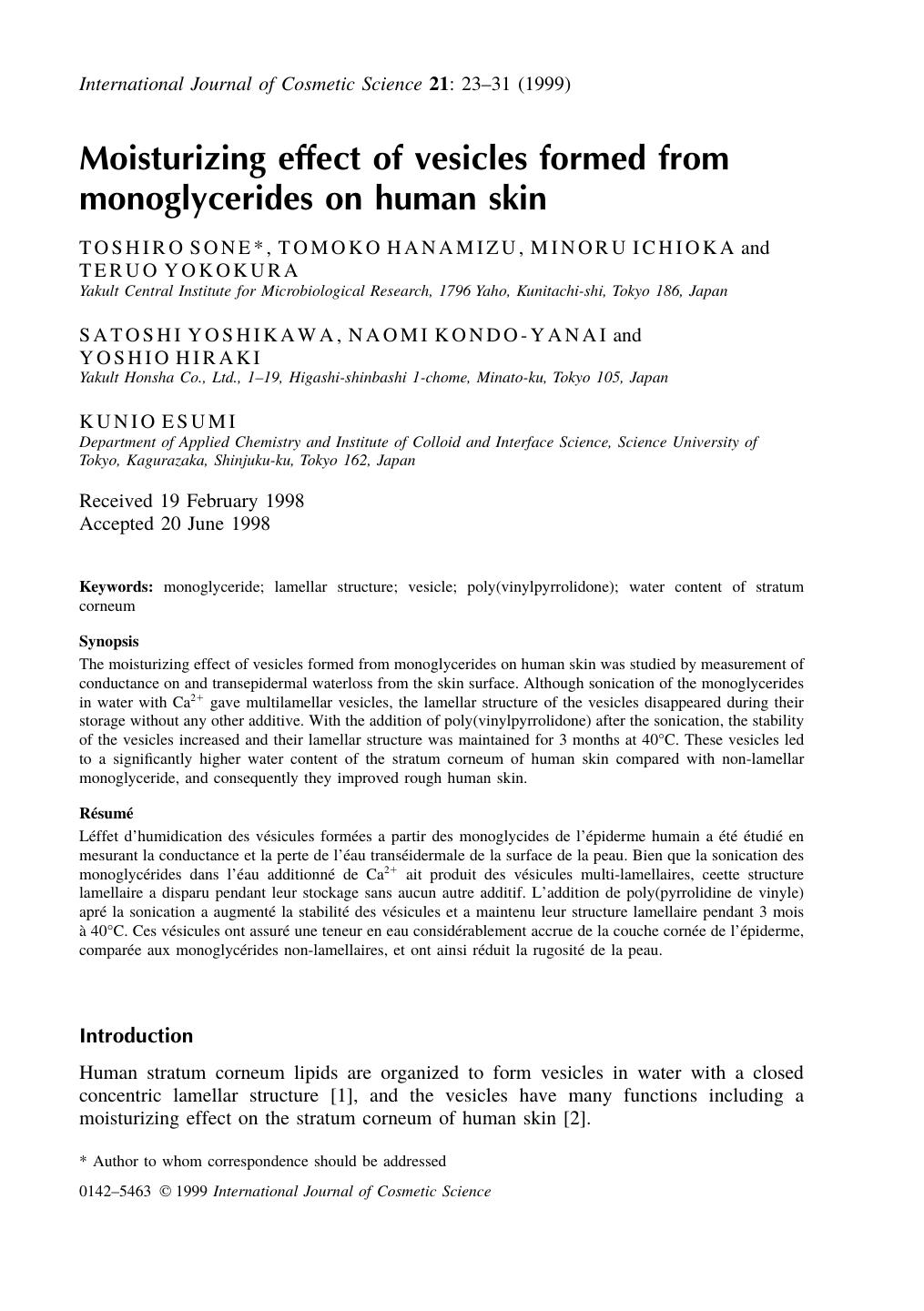 Moisturizing Effect of Vesicles Formed From Monoglycerides on Human Skin by T. Sone T. Hananizu M. Ichioka T. Yokokura S. Yoshikawa N. Kondo-Yanai Y. Hiraki & K. Esumi