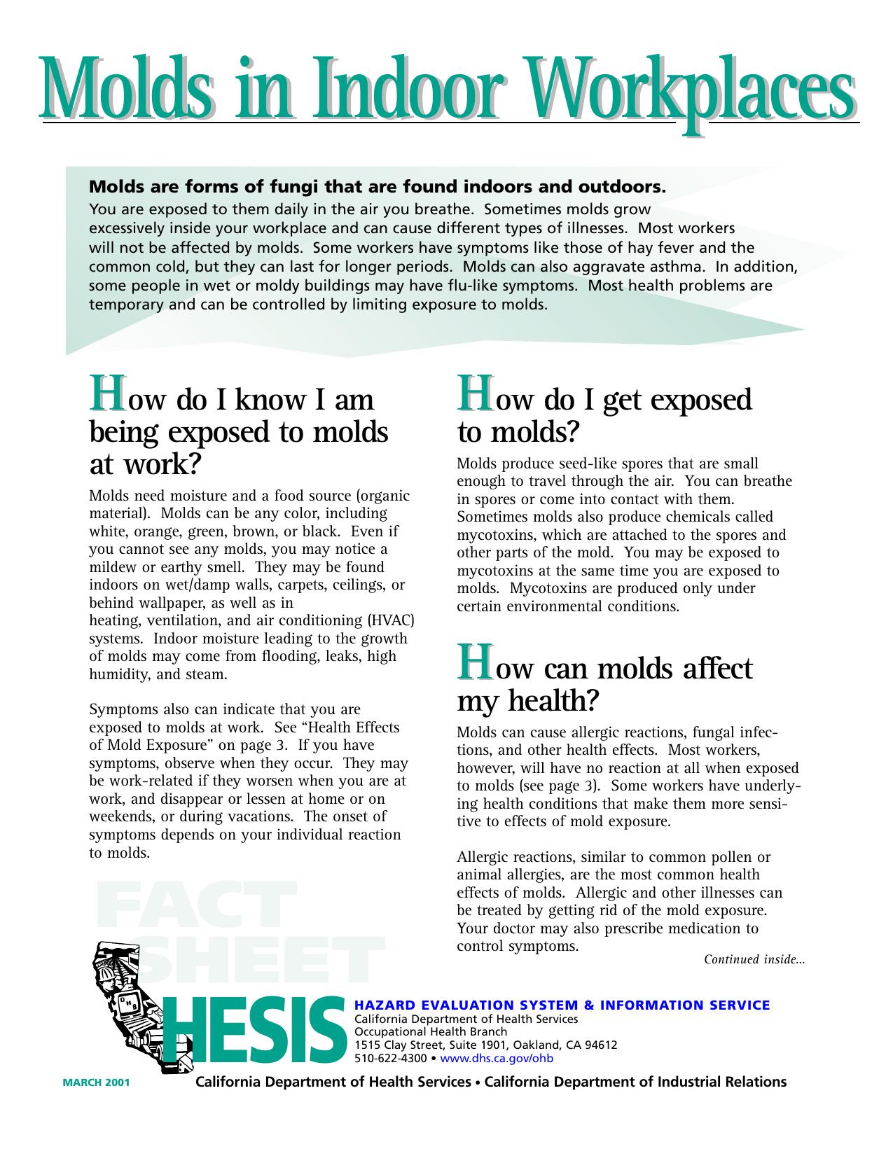 Molds in indoor workplaces by California. Hazard Evaluation System and Information Service