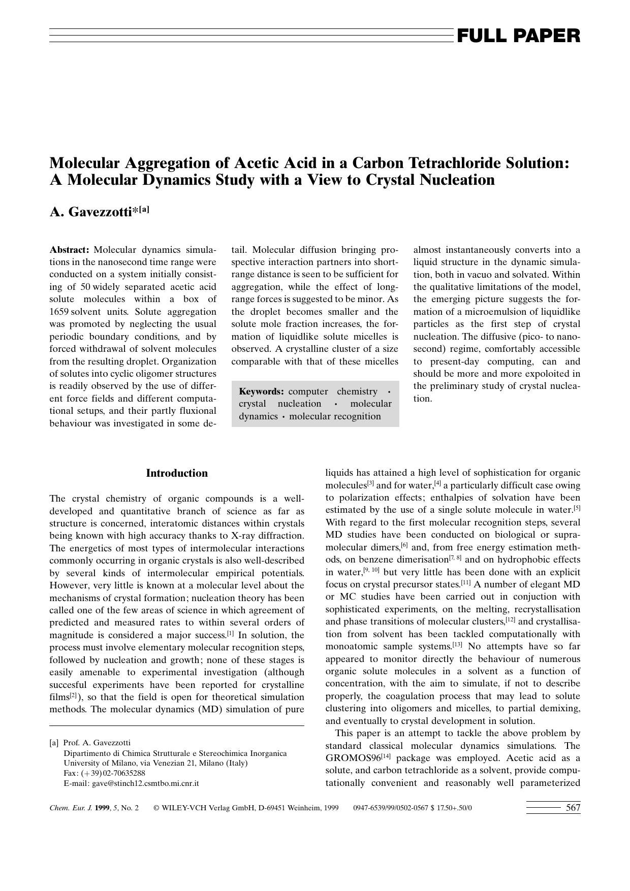 Molecular Aggregation of Acetic Acid in a Carbon Tetrachloride Solution: A Molecular Dynamics Study with a View to Crystal Nucleation by Unknown
