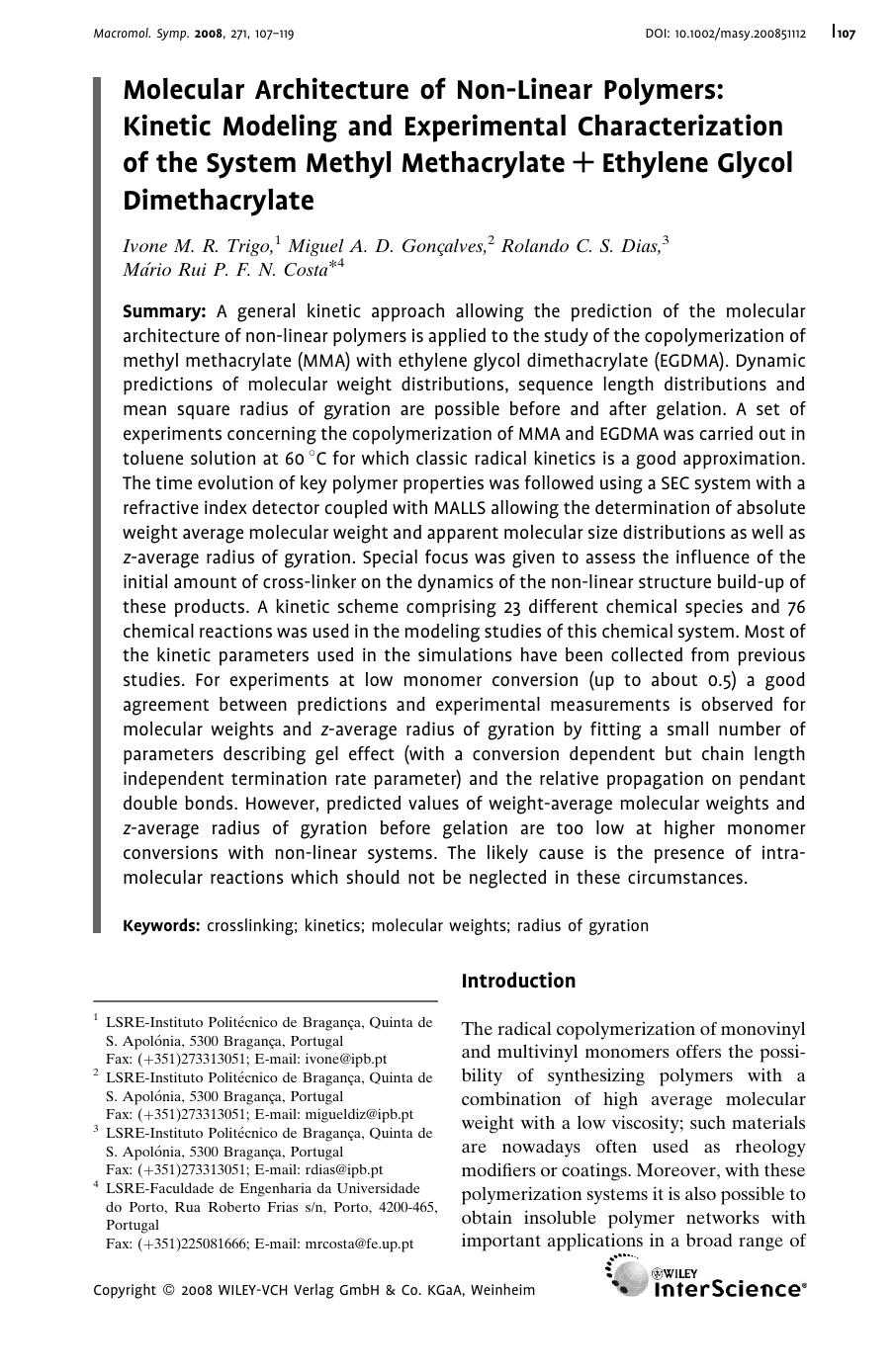 Molecular Architecture of Non-Linear Polymers: Kinetic Modeling and Experimental Characterization of the System Methyl Methacrylate[thinsp]+[thinsp]Ethylene Glycol Dimethacrylate by Unknown