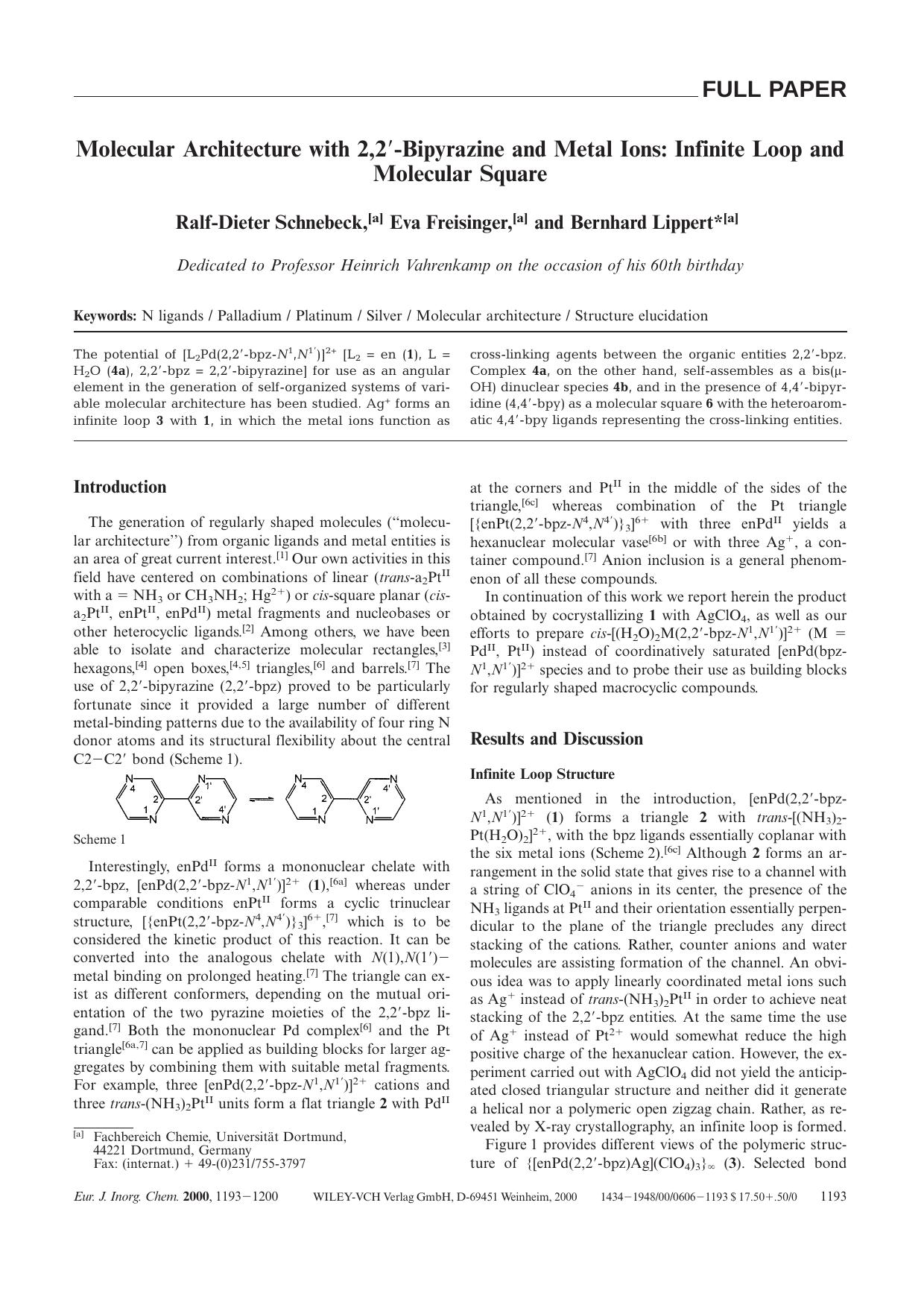 Molecular Architecture with 2,2[prime]-Bipyrazine and Metal Ions: Infinite Loop and Molecular Square by Unknown