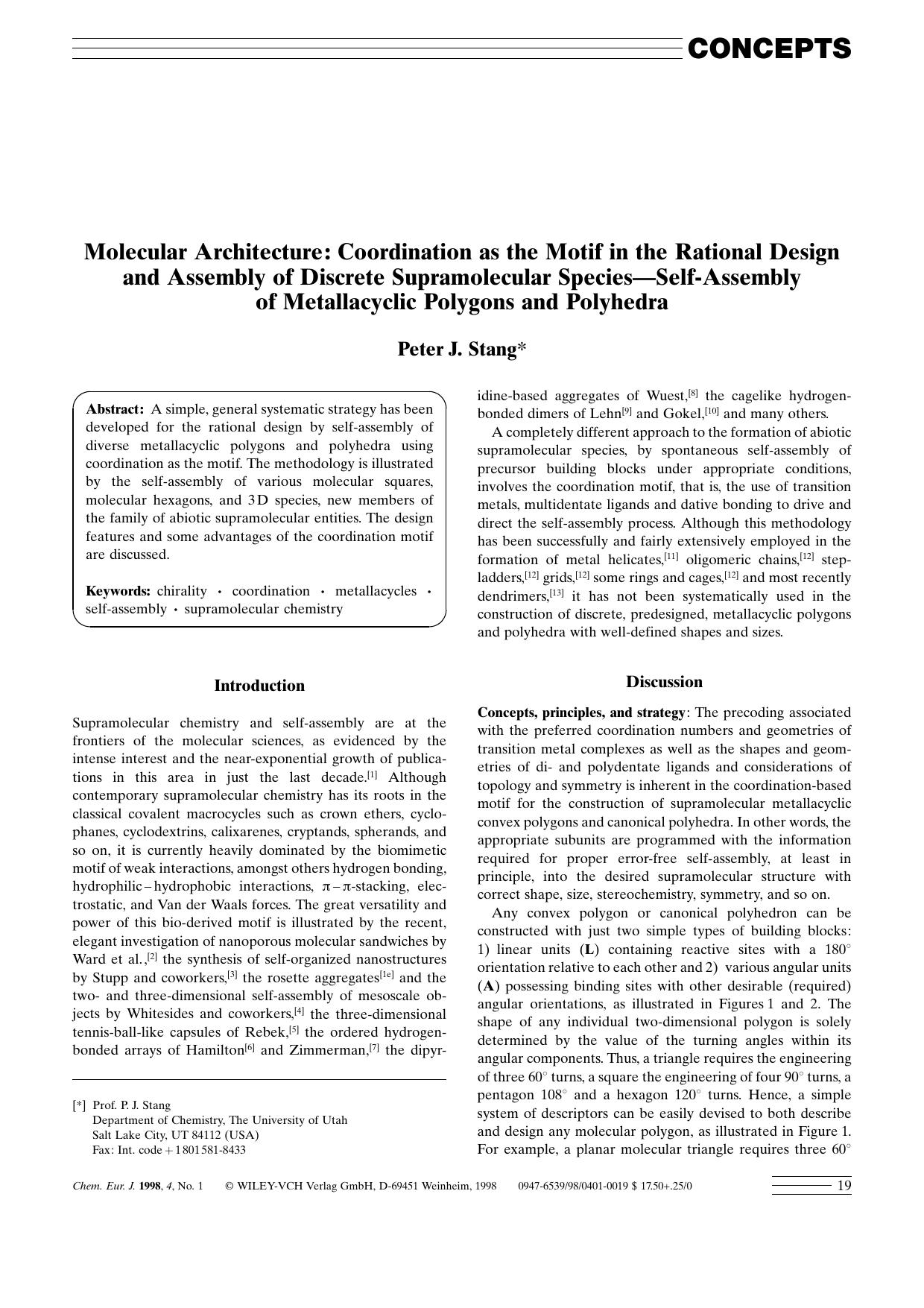 Molecular Architecture: Coordination as the Motif in the Rational Design and Assembly of Discrete Supramolecular Species-Self-Assembly of Metallacyclic Polygons and Polyhedra by Unknown