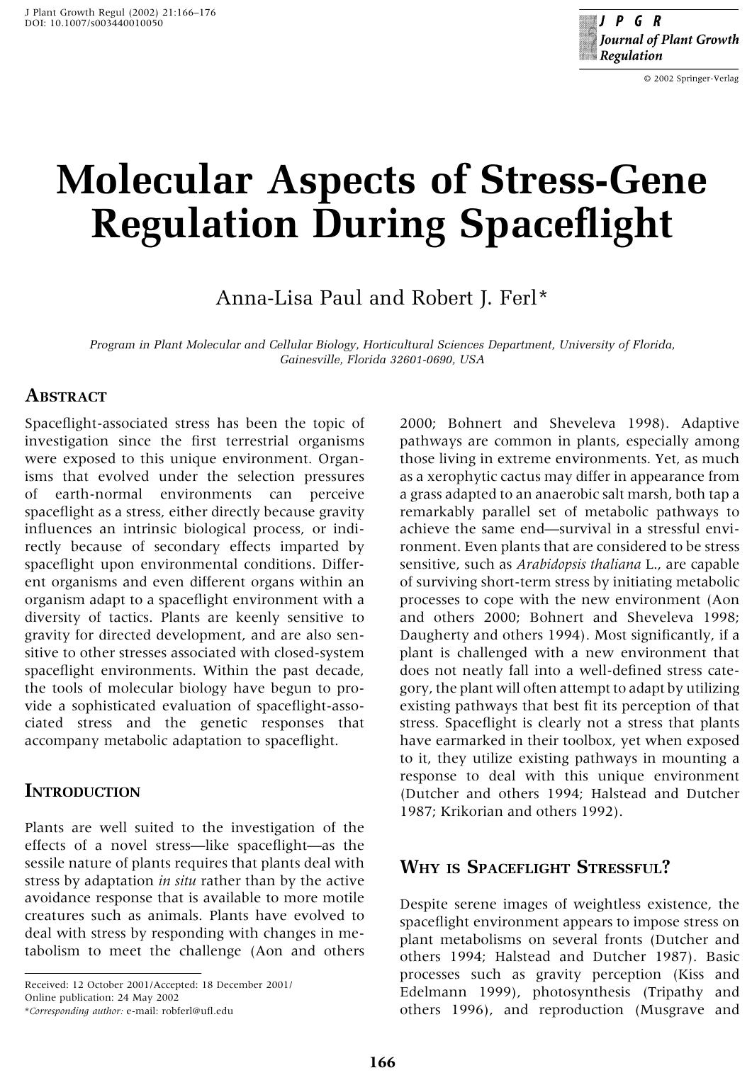 Molecular Aspects of Stress-Gene Regulation During Spaceflight by Paul A-L. et al