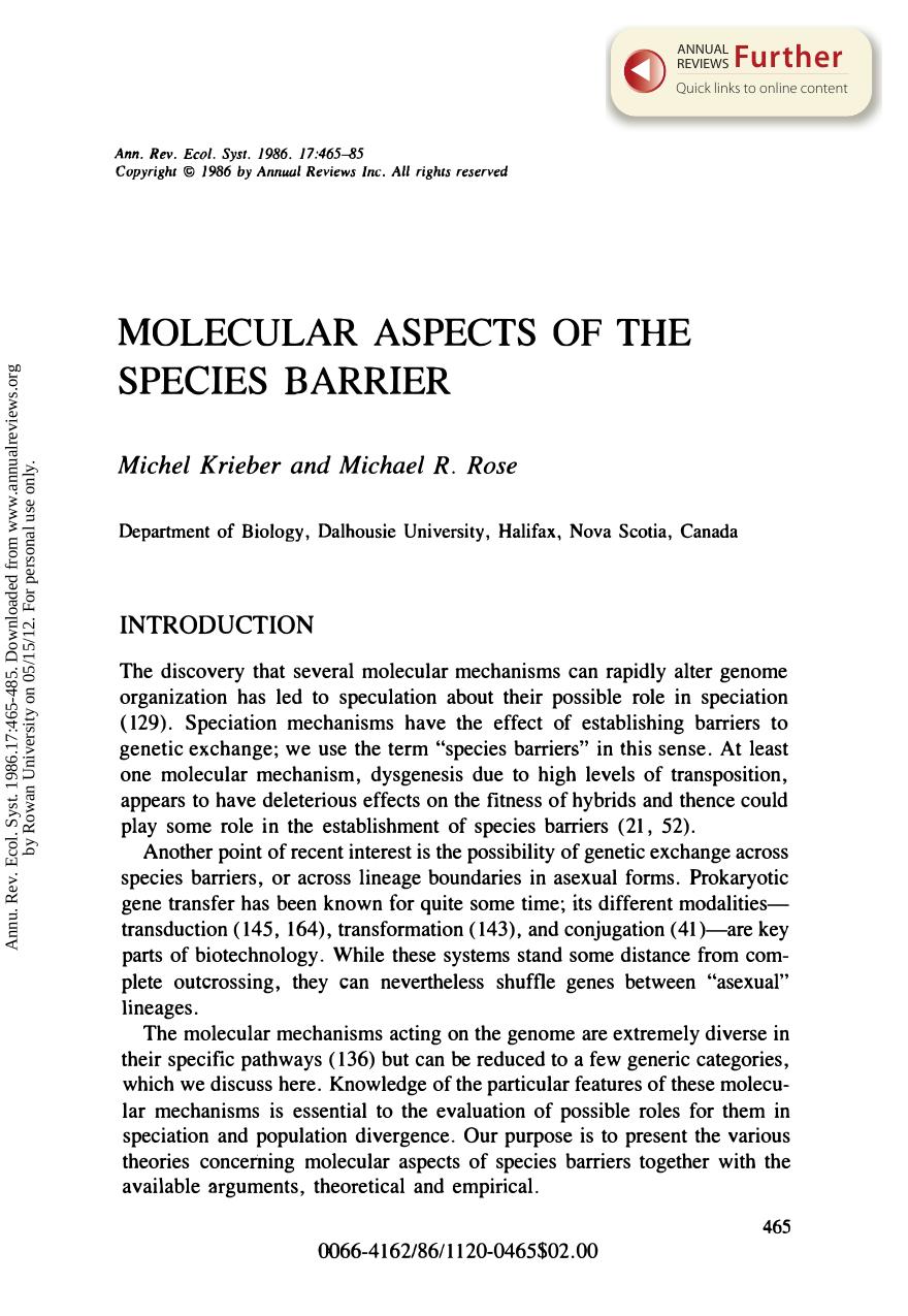 Molecular Aspects of the Species Barrier by M Krieber & and M R Rose