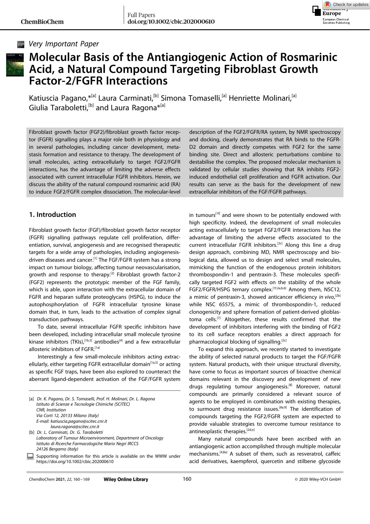 Molecular Basis of the Antiangiogenic Action of Rosmarinic Acid, a Natural Compound Targeting Fibroblast Growth Factorâ2FGFR Interactions by Unknown