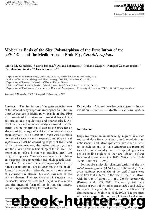 Molecular Basis of the Size Polymorphism of the First Intron of the Adh-1 Gene of the Mediterranean Fruit Fly, Ceratitis capitata by Gomulski L.M. et al