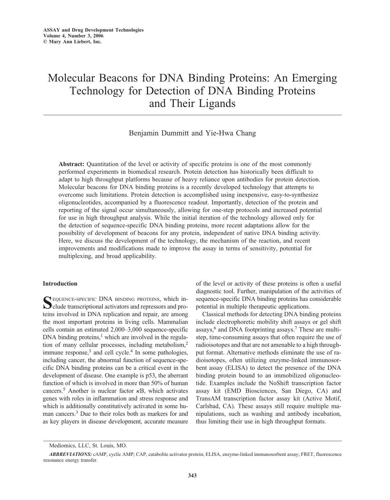 Molecular Beacons for DNA Binding Proteins: An Emerging Technology for Detection of DNA Binding Proteins and Their Ligands by Benjamin Dummitt Yie-Hwa Chang Ph.D