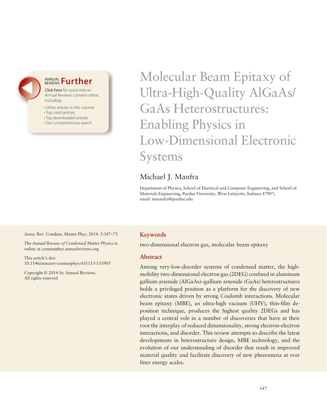 Molecular Beam Epitaxy of Ultra-High-Quality AlGaAsGaAs Heterostructures: Enabling Physics in Low-Dimensional Electronic Systems by Michael J. Manfra