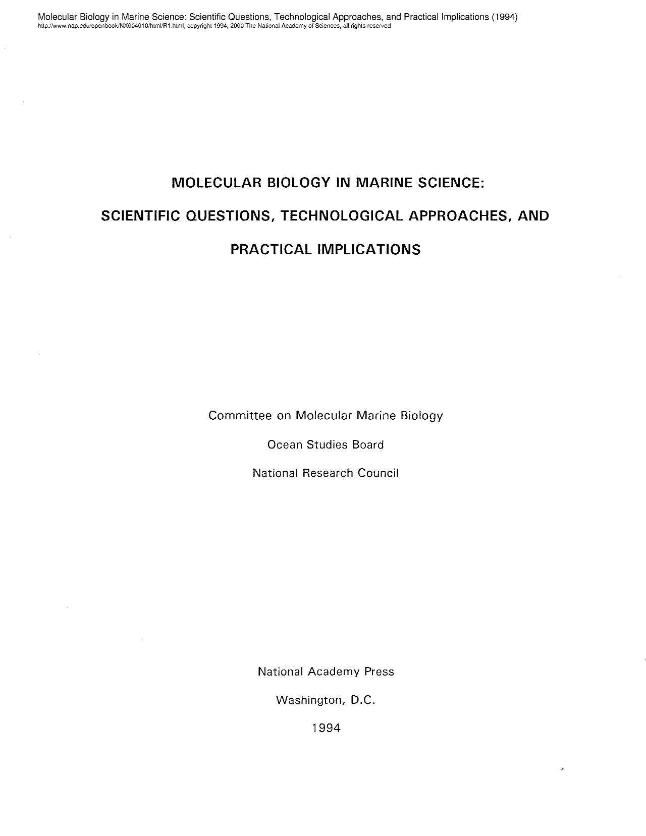 Molecular Biology In Marine Science by Commite On Molecular Science- National Academy of Sciences USA