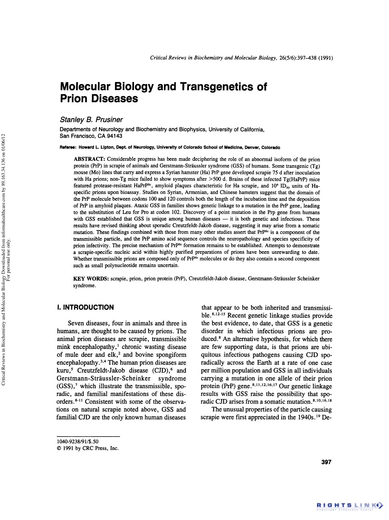 Molecular Biology and Transgenetics of Prion Diseases by Stanley B. Prusiner & Howard L. Lipton