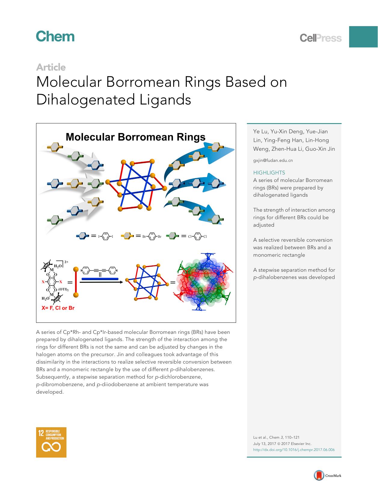 Molecular Borromean Rings Based on Dihalogenated Ligands by Ye Lu & Yu-Xin Deng & Yue-Jian Lin & Ying-Feng Han & Lin-Hong Weng & Zhen-Hua Li & Guo-Xin Jin