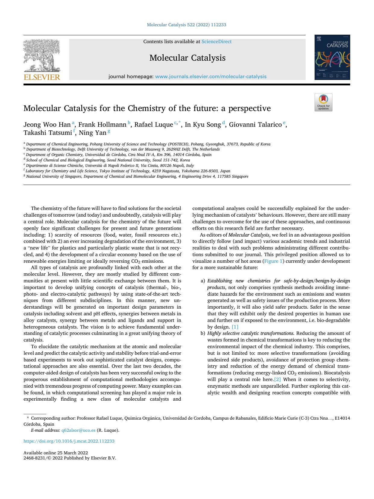 Molecular Catalysis for the Chemistry of the future: a perspective by unknow