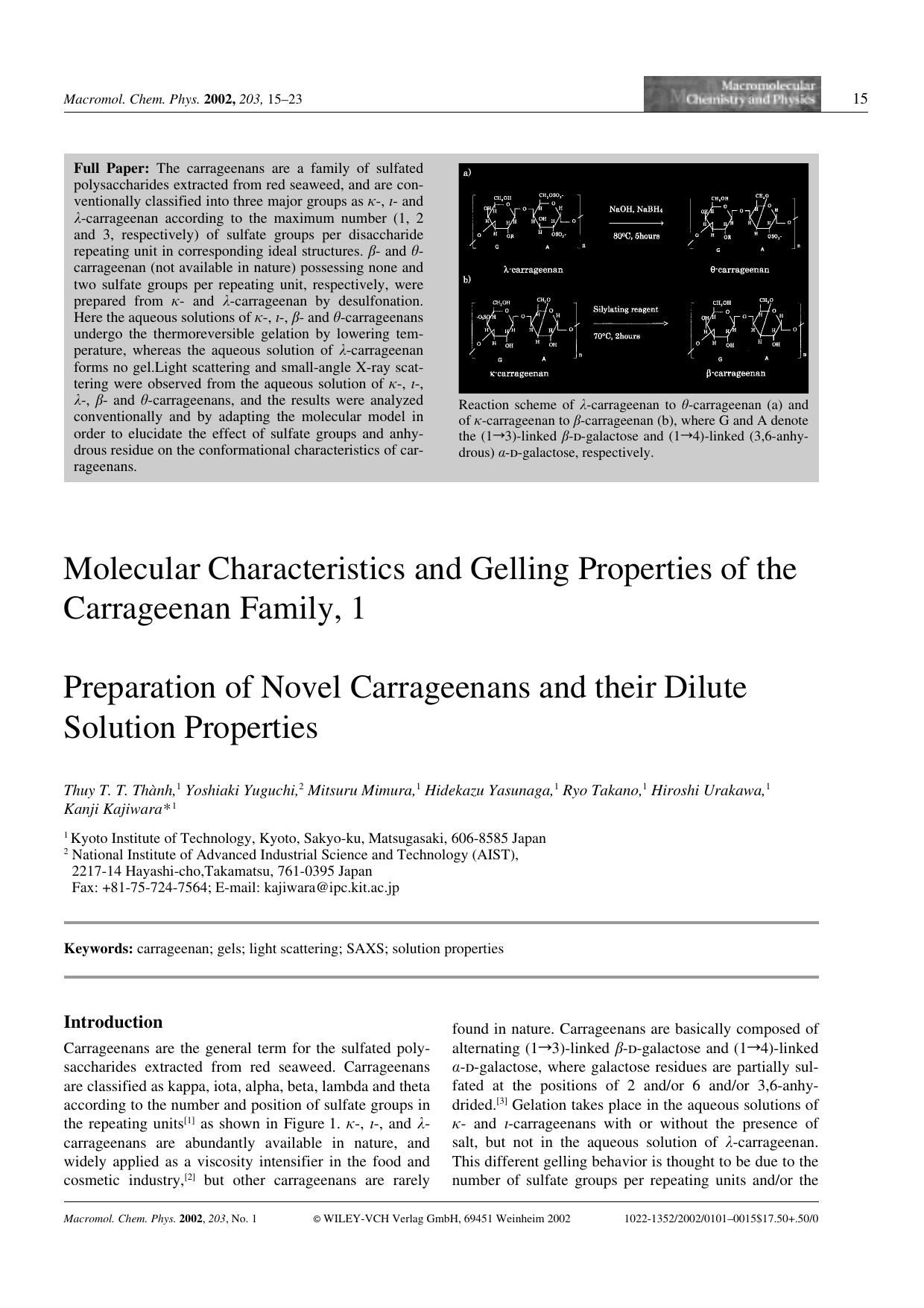 Molecular Characteristics and Gelling Properties of the Carrageenan Family, 1. Preparation of Novel Carrageenans and their Dilute Solution Properties by unknow