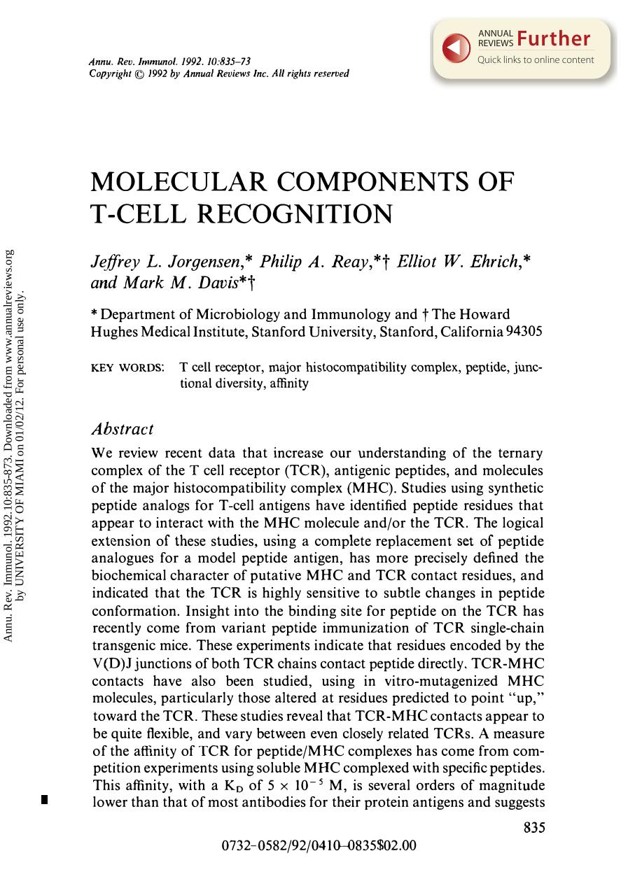 Molecular Components of T-Cell Recognition by J L Jorgensen P A Reay E W Ehrich & M M Davis