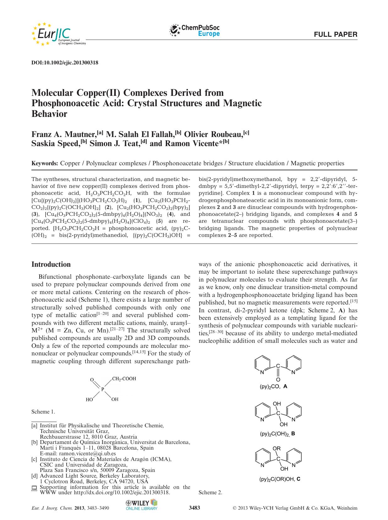 Molecular Copper(II) Complexes Derived from Phosphonoacetic Acid: Crystal Structures and Magnetic Behavior by Unknown