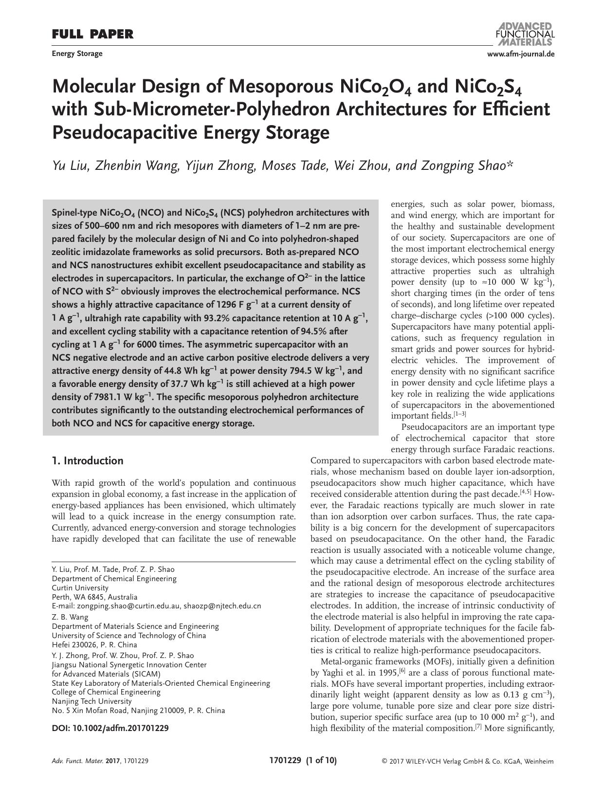 Molecular Design of Mesoporous NiCo2O4 and NiCo2S4 with Sub‐Micrometer‐Polyhedron Architectures for Efficient Pseudocapacitive Energy Storage by Unknown