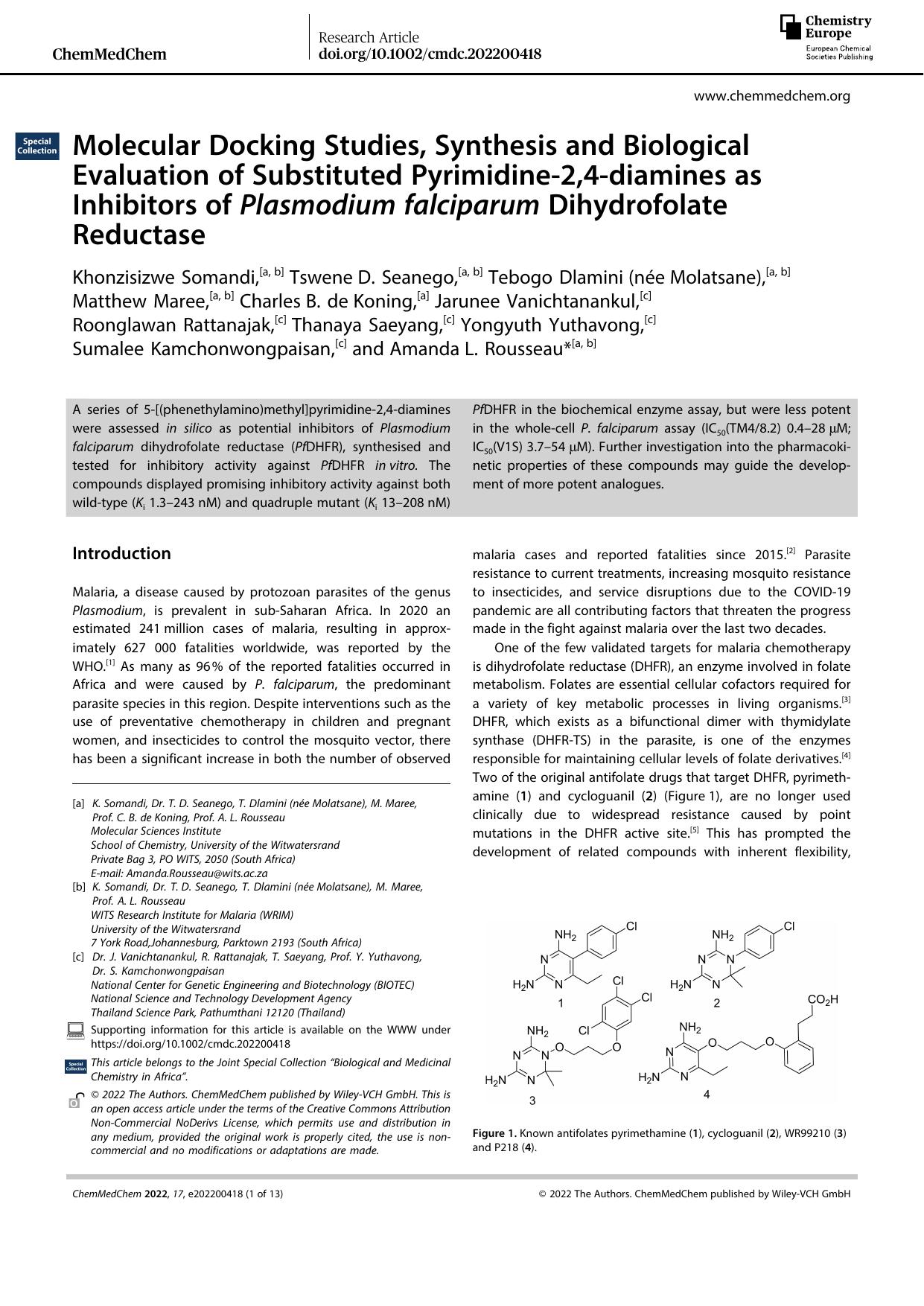 Molecular Docking Studies, Synthesis and Biological Evaluation of Substituted Pyrimidineâ2,4âdiamines as Inhibitors of Plasmodium falciparum Dihydrofolate Reductase by Unknown