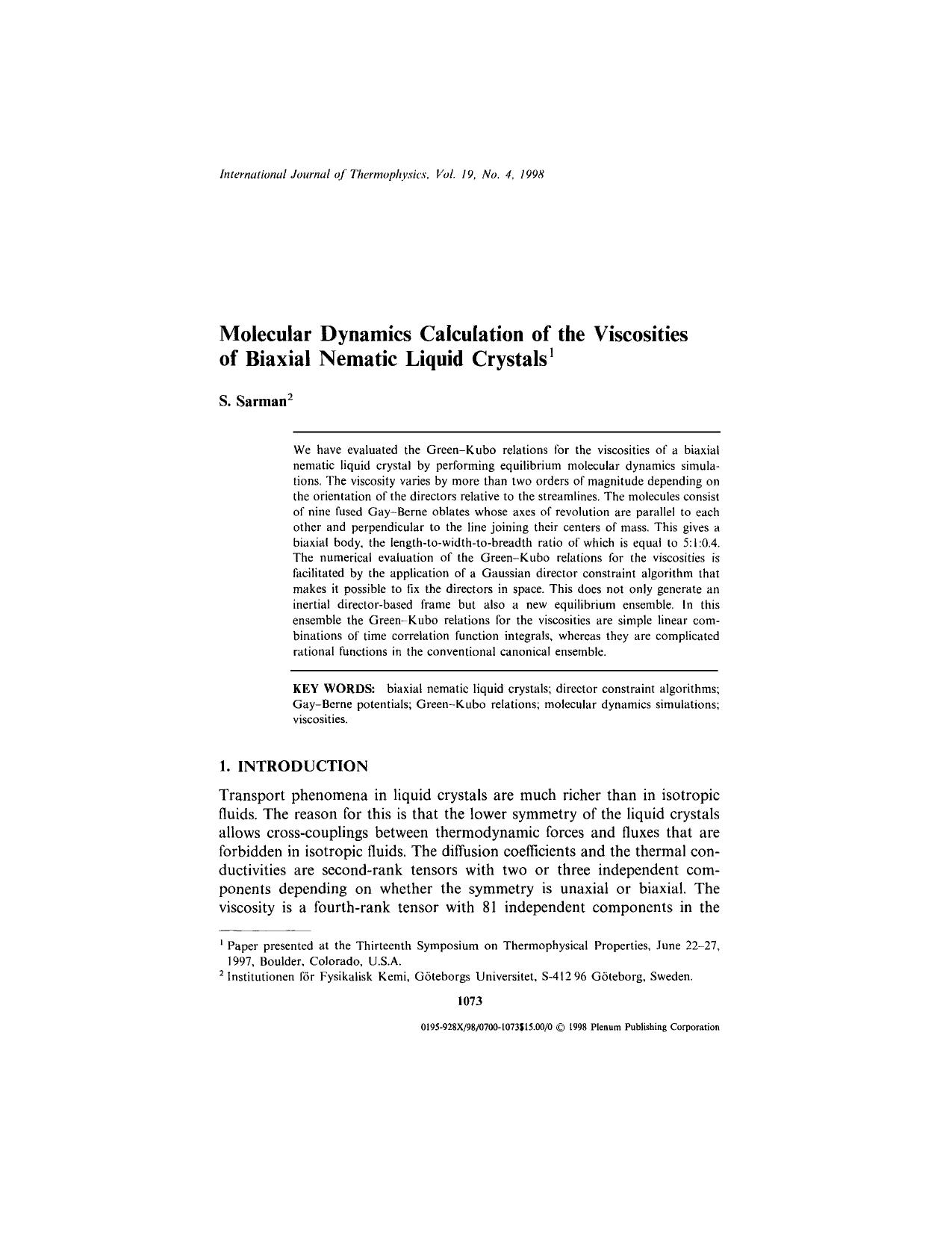 Molecular Dynamics Calculation of the Viscosities of Biaxial Nematic Liquid Crystals by Unknown