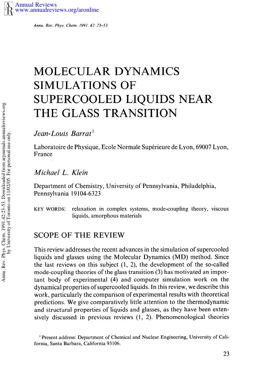 Molecular Dynamics Simulations of Supercooled Liquids near the Glass Transition by J L Barrat & M L Klein