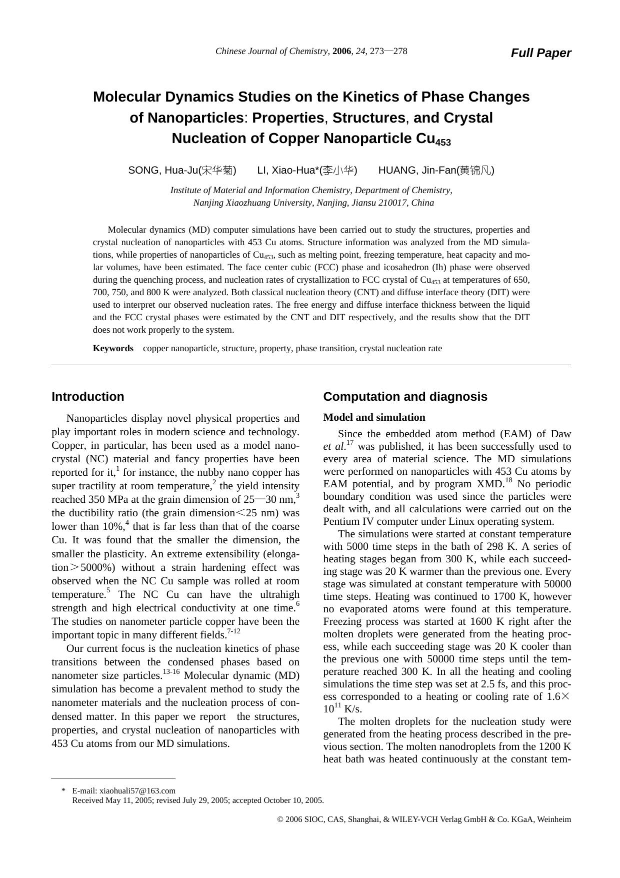 Molecular Dynamics Studies on the Kinetics of Phase Changes of Nanoparticles: Properties, Structures, and Crystal Nucleation of Copper Nanoparticle Cu453 by lhbjs